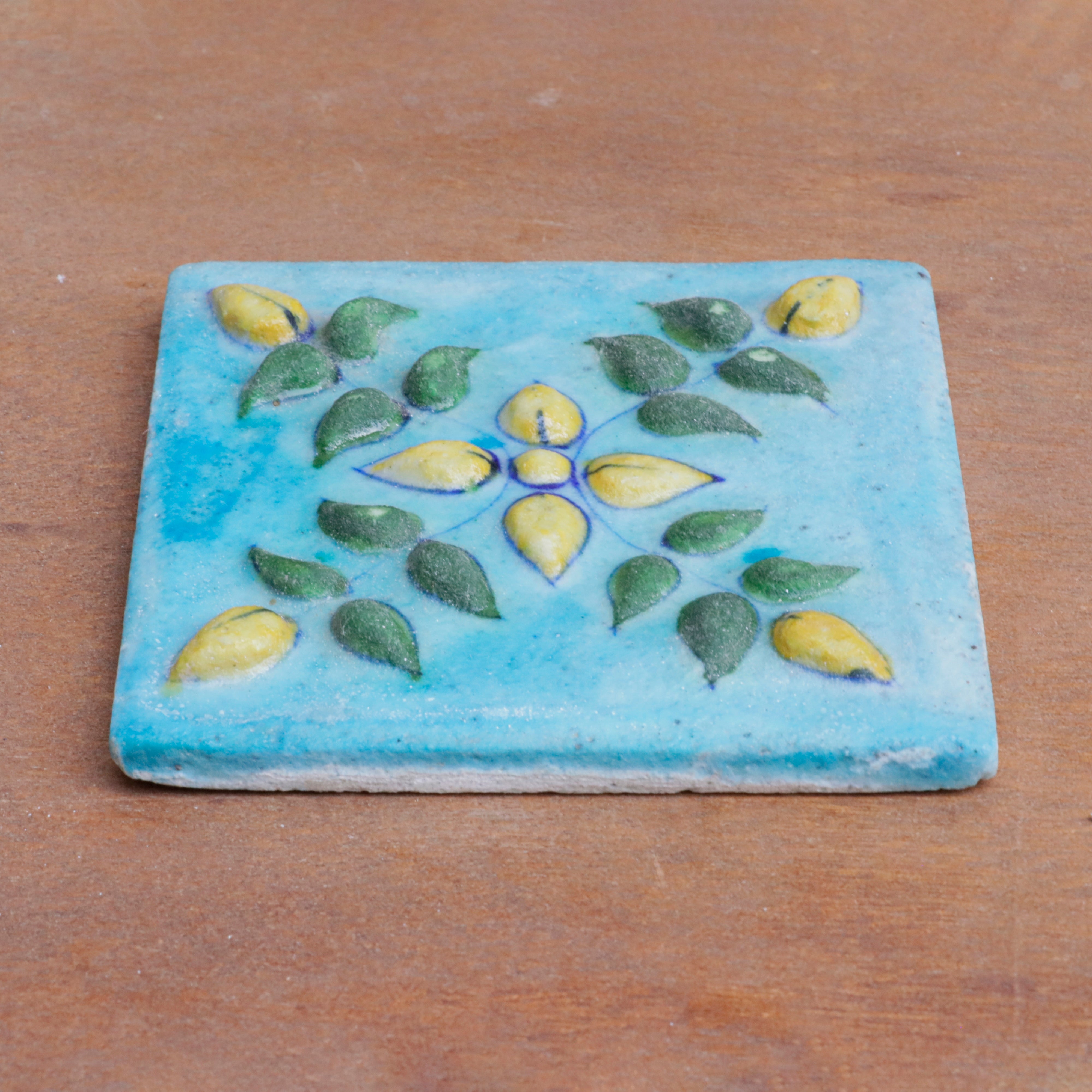 Classic Aesthetic Embossed Flower Designed Ceramic Square Tile Set of 2 Ceramic Tile