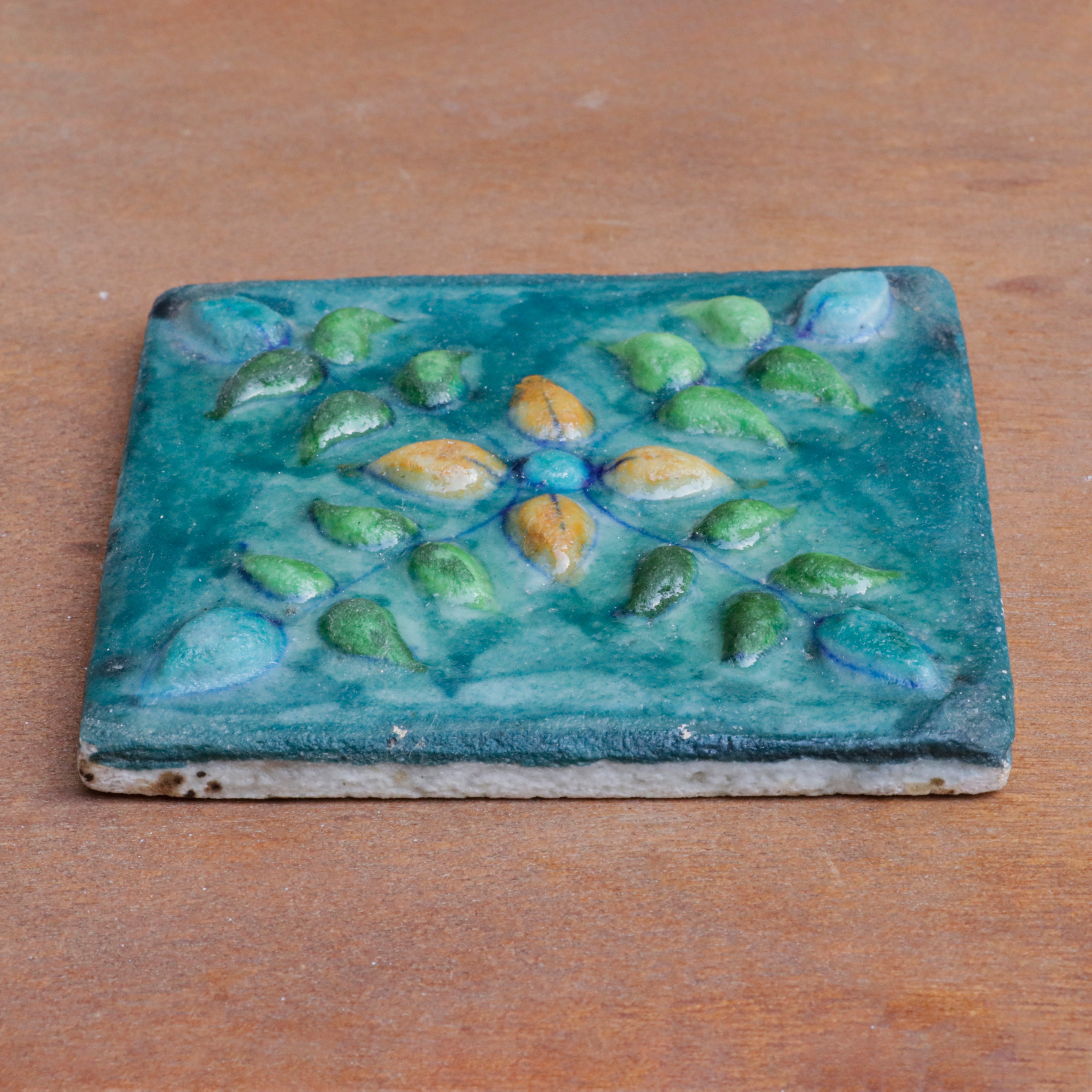Royal Bourbon Embossed Flower Designed Ceramic Square Tile Set of 2 Ceramic Tile