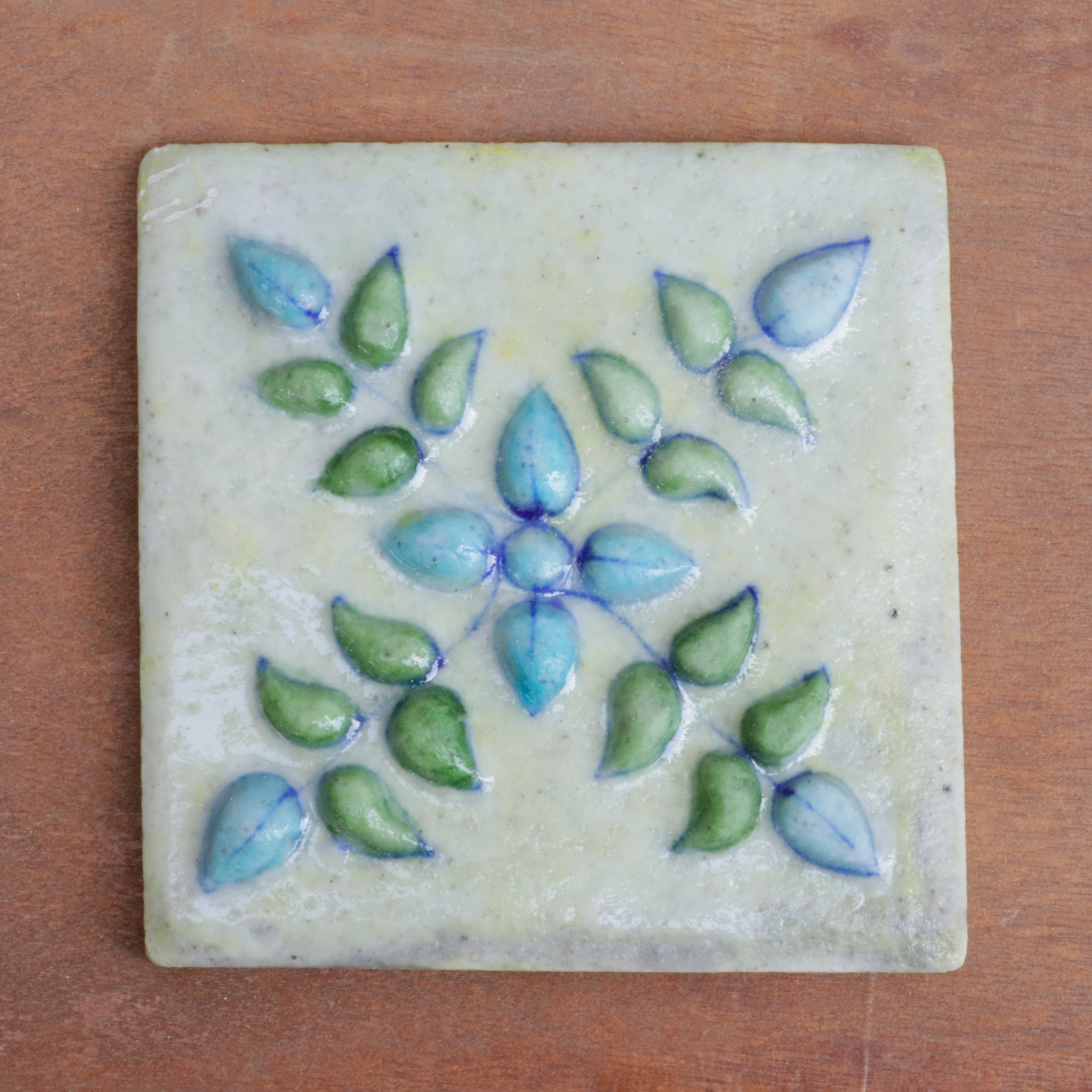 Traditional Flora Embossed Flower Designed Ceramic Square Tile Set of 2 Tile