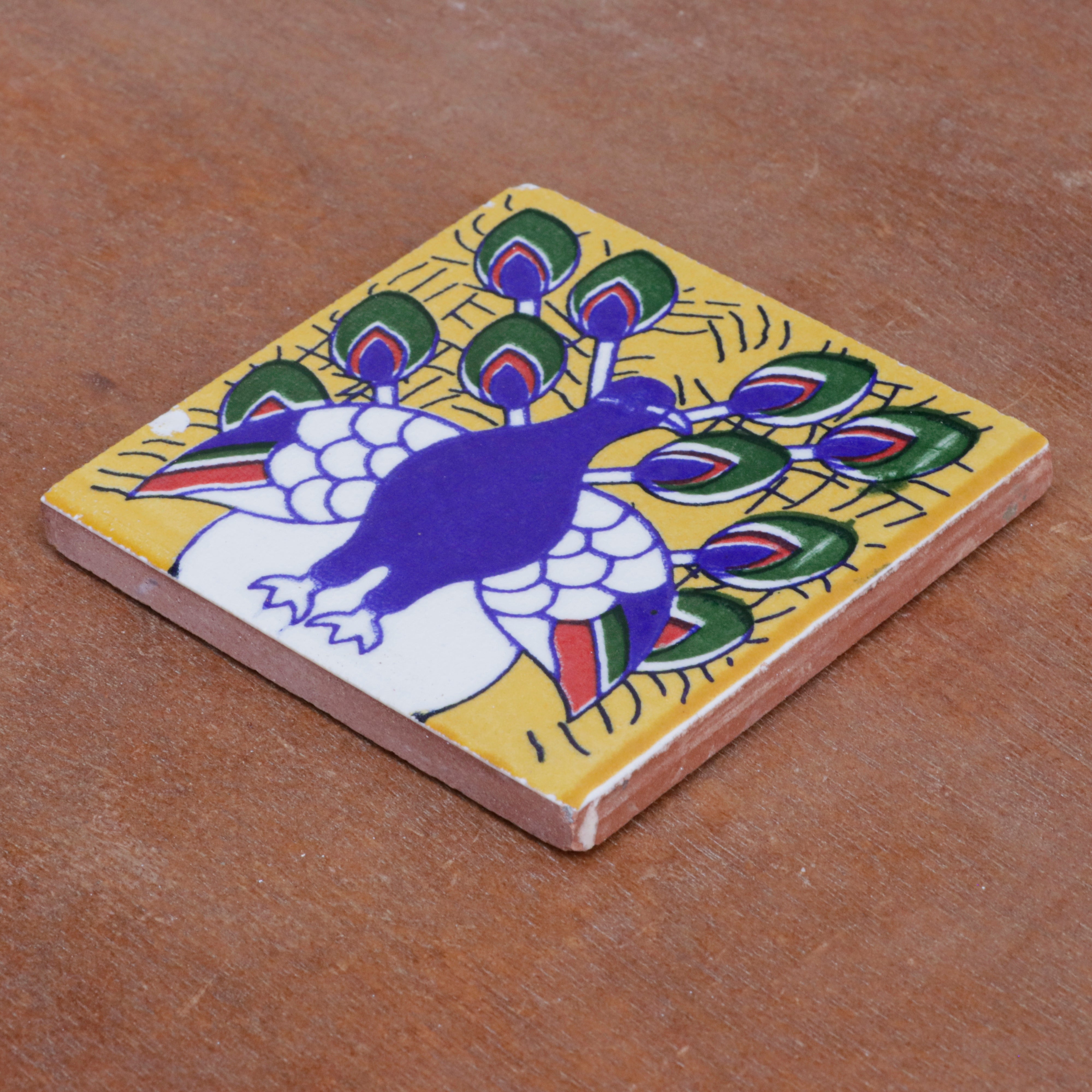 Antique Bold Blue Peacock Designed Ceramic Square Tile Set of 2 Ceramic Tile