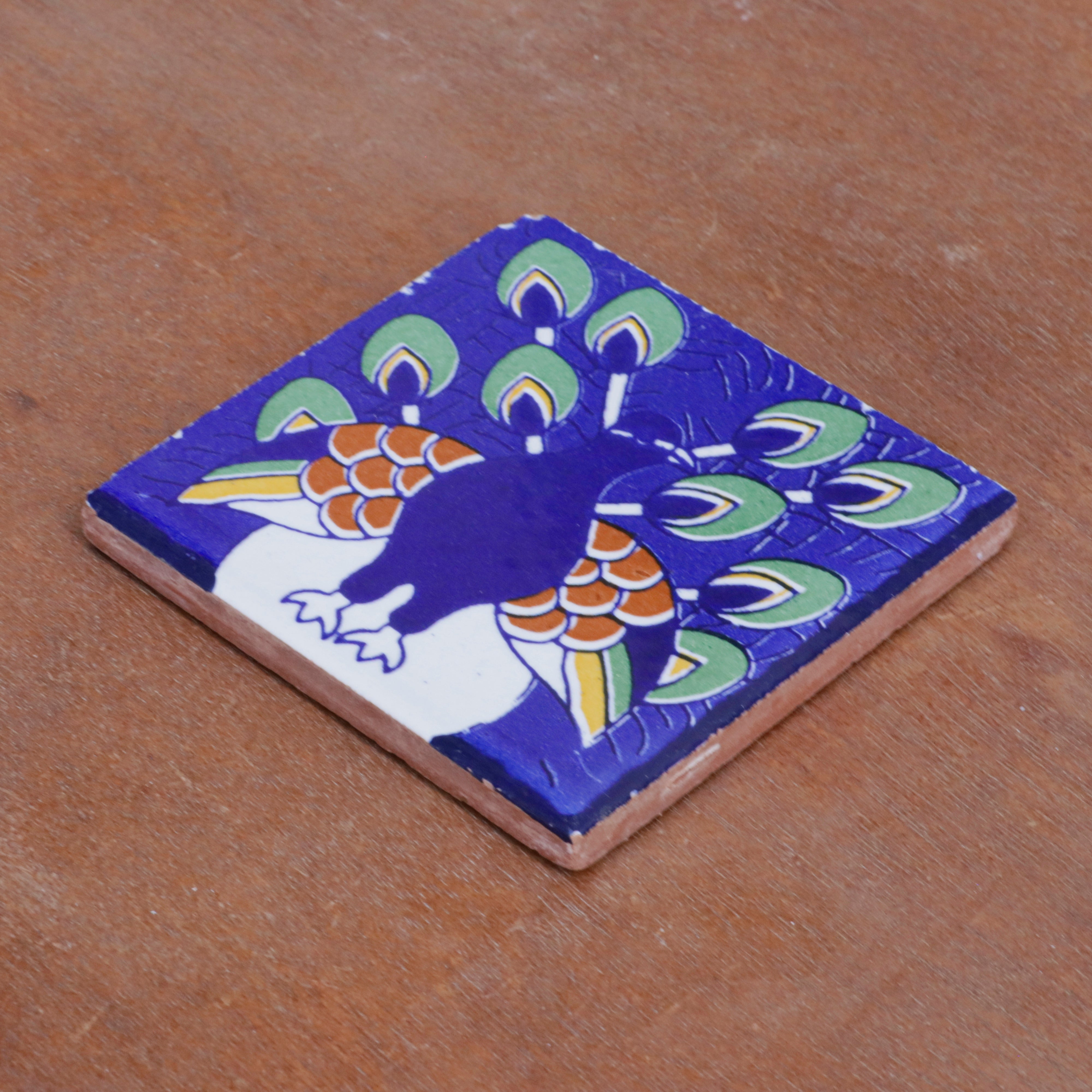Glamour Bold Blue Peacock Designed Ceramic Square Tile Set of 2 Ceramic Tile