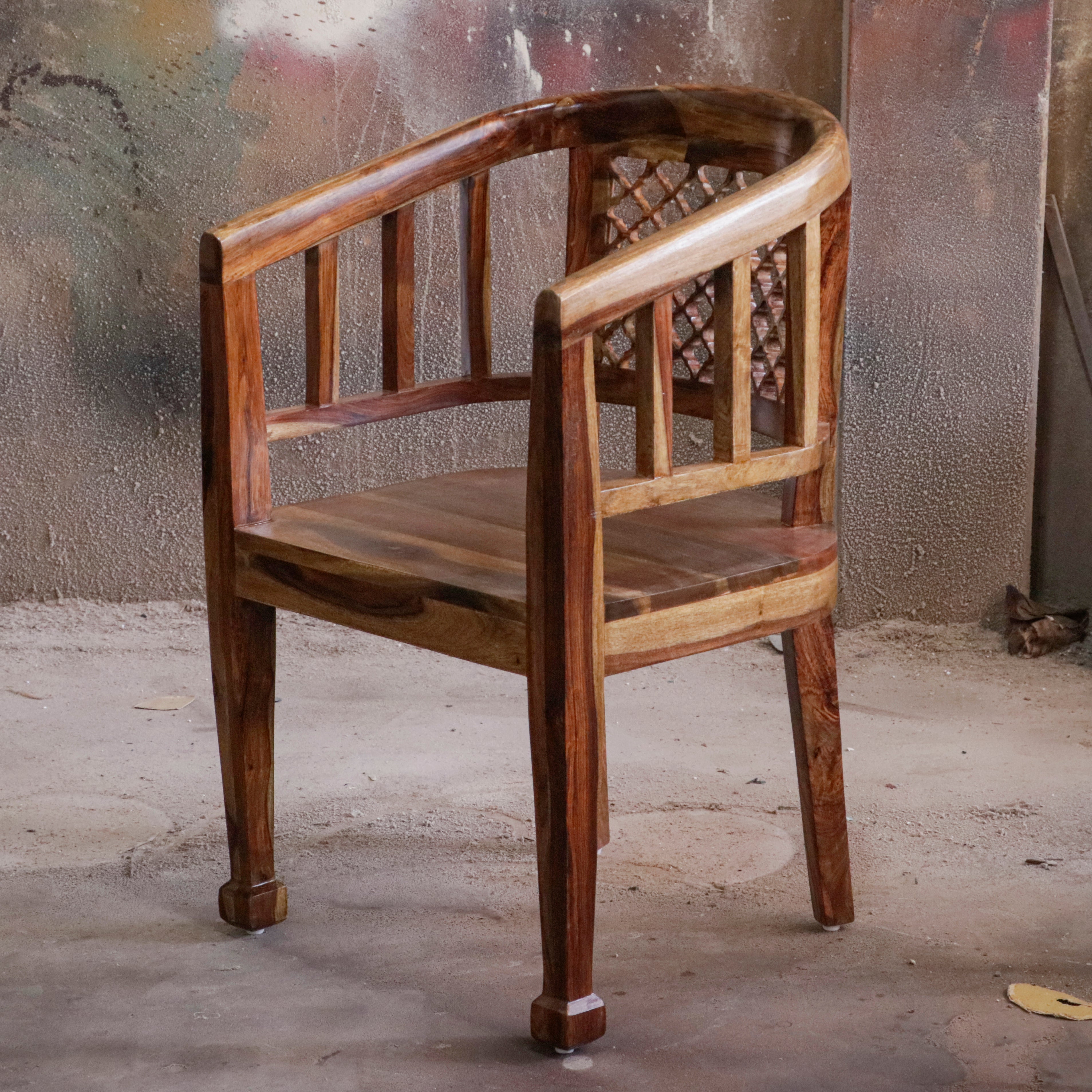 Vintage Natural Brown Finished Wooden Handmade Chair Set of 2 Arm Chair