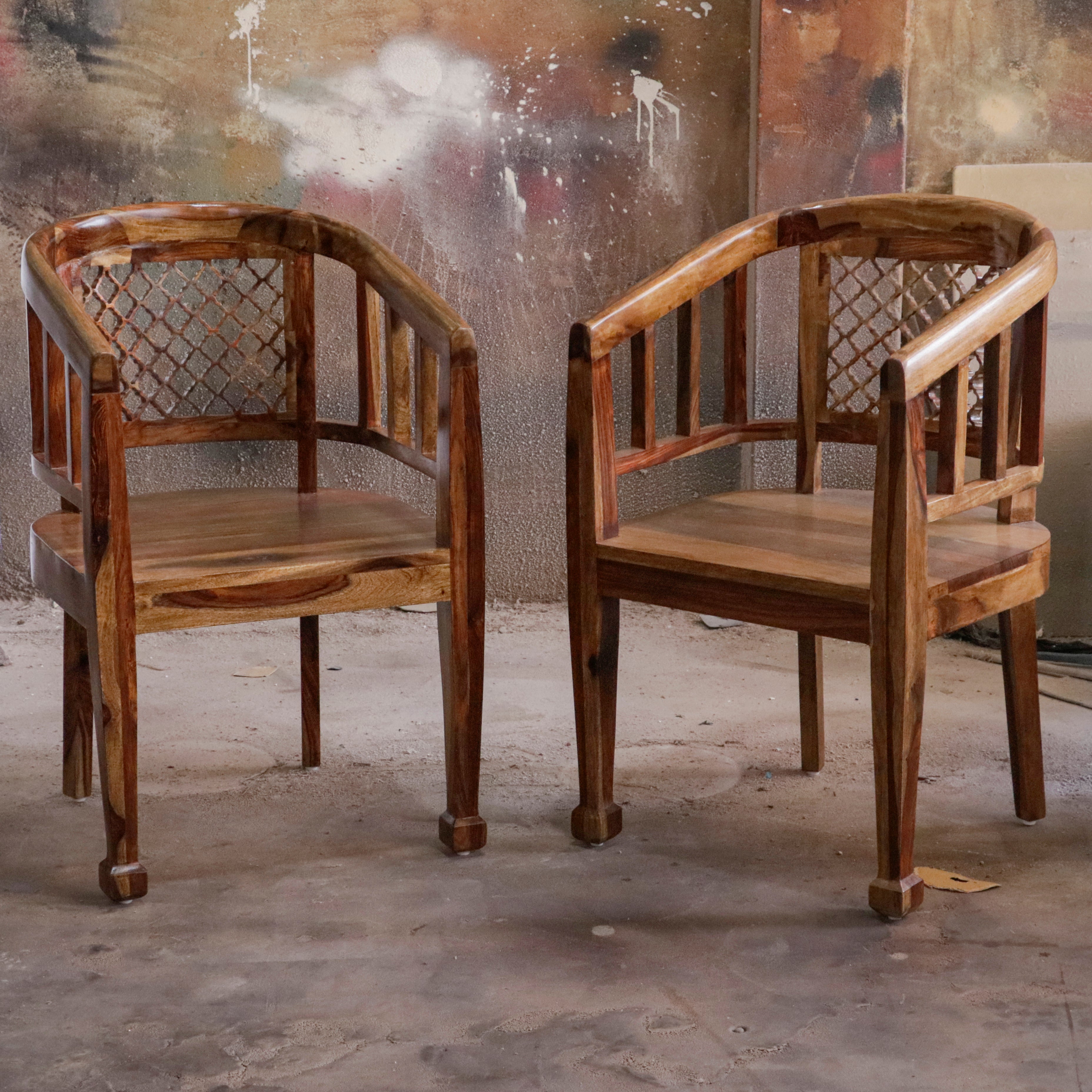 Vintage Natural Brown Finished Wooden Handmade Chair Set of 2 Arm Chair
