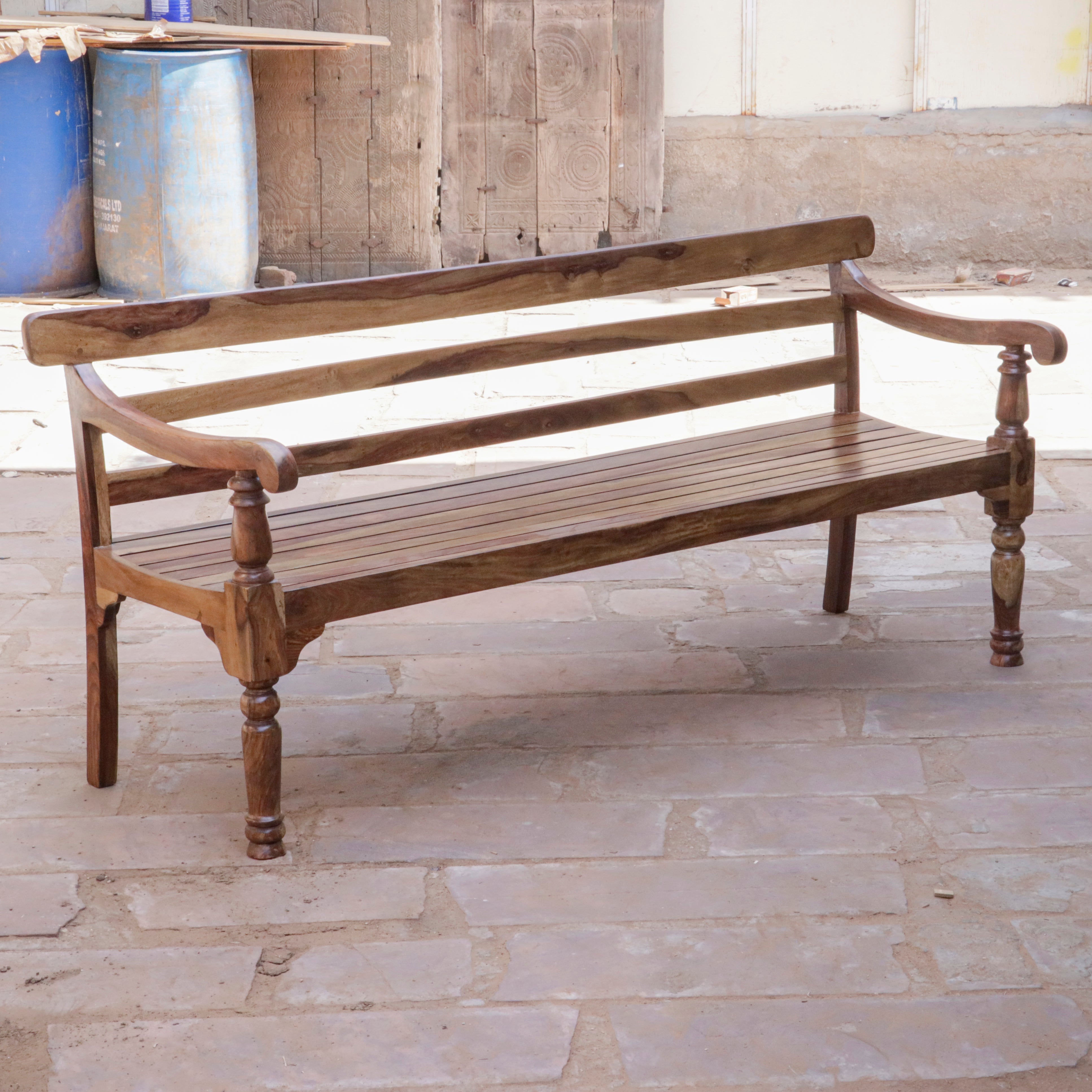 Antique Long Teak Finish Handcrafted Wooden Bench for Home Bench