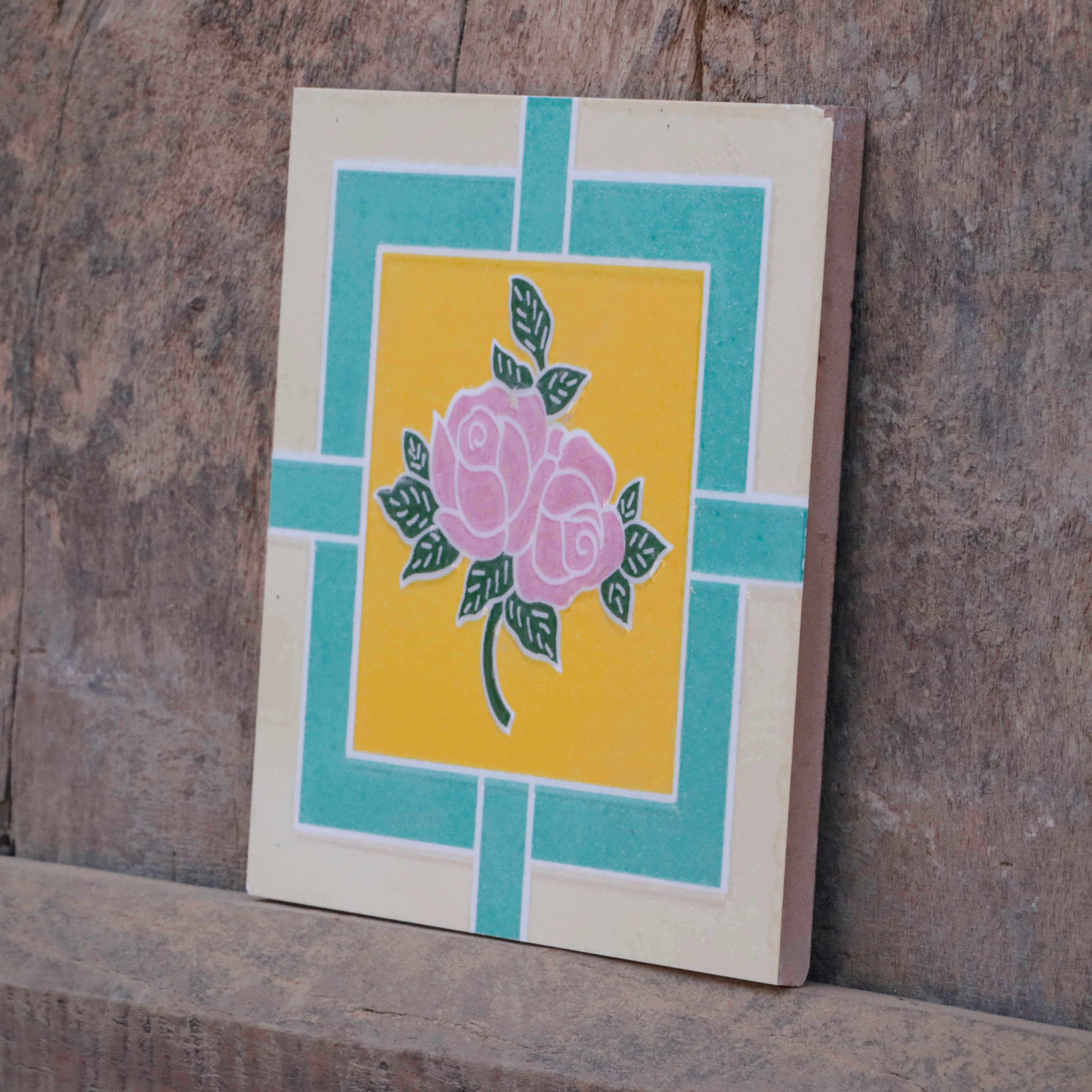 Pink Rose And Antique Green Border Ceramic Tile Ceramic Tile