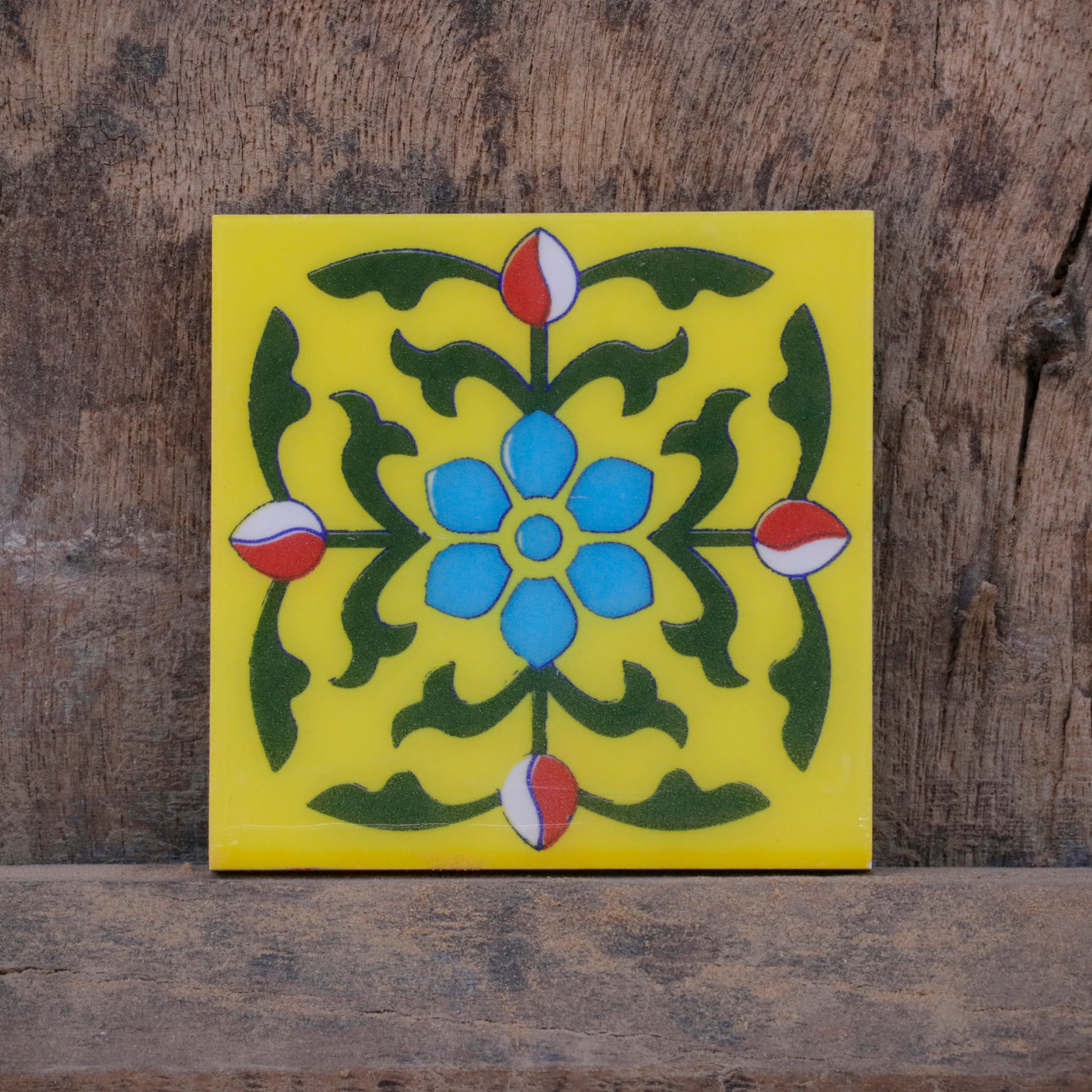 Arotic Yellowish Flowered Themed Ceramic Square Tile Ceramic Tile