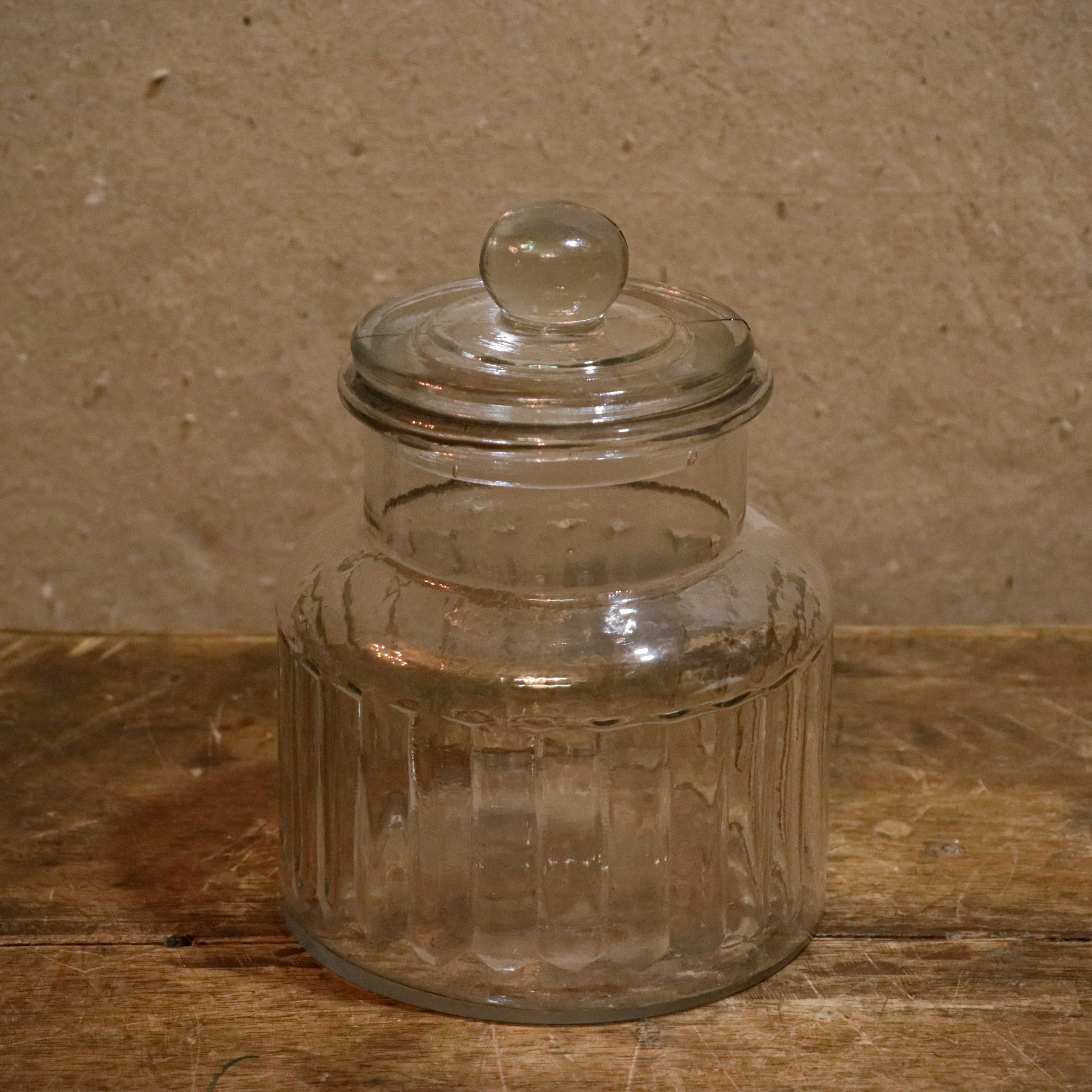 Vintage Ribbed and Knob Topped Transparent Storage Jar Decanter Bottle