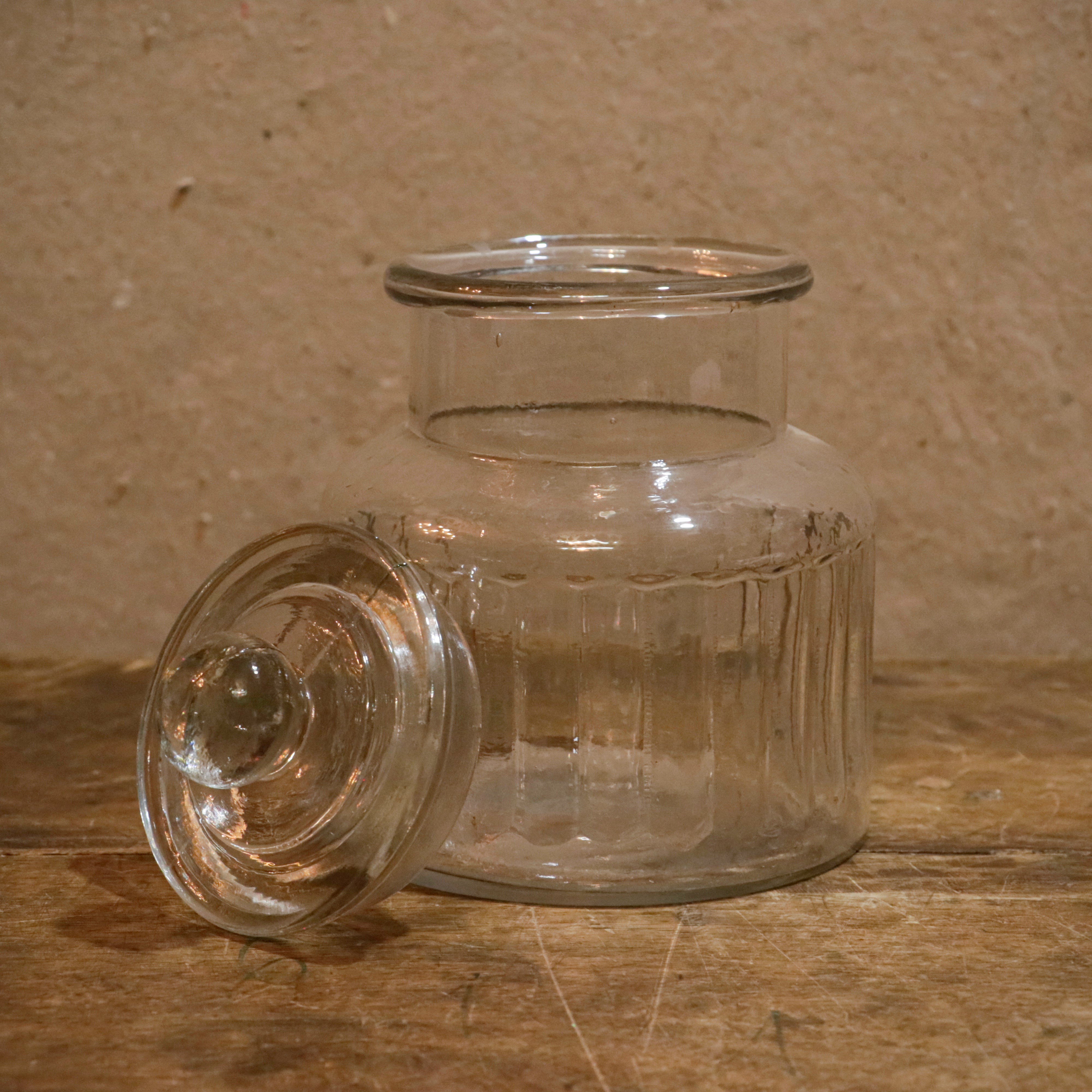 Vintage Ribbed and Knob Topped Transparent Storage Jar Decanter Bottle