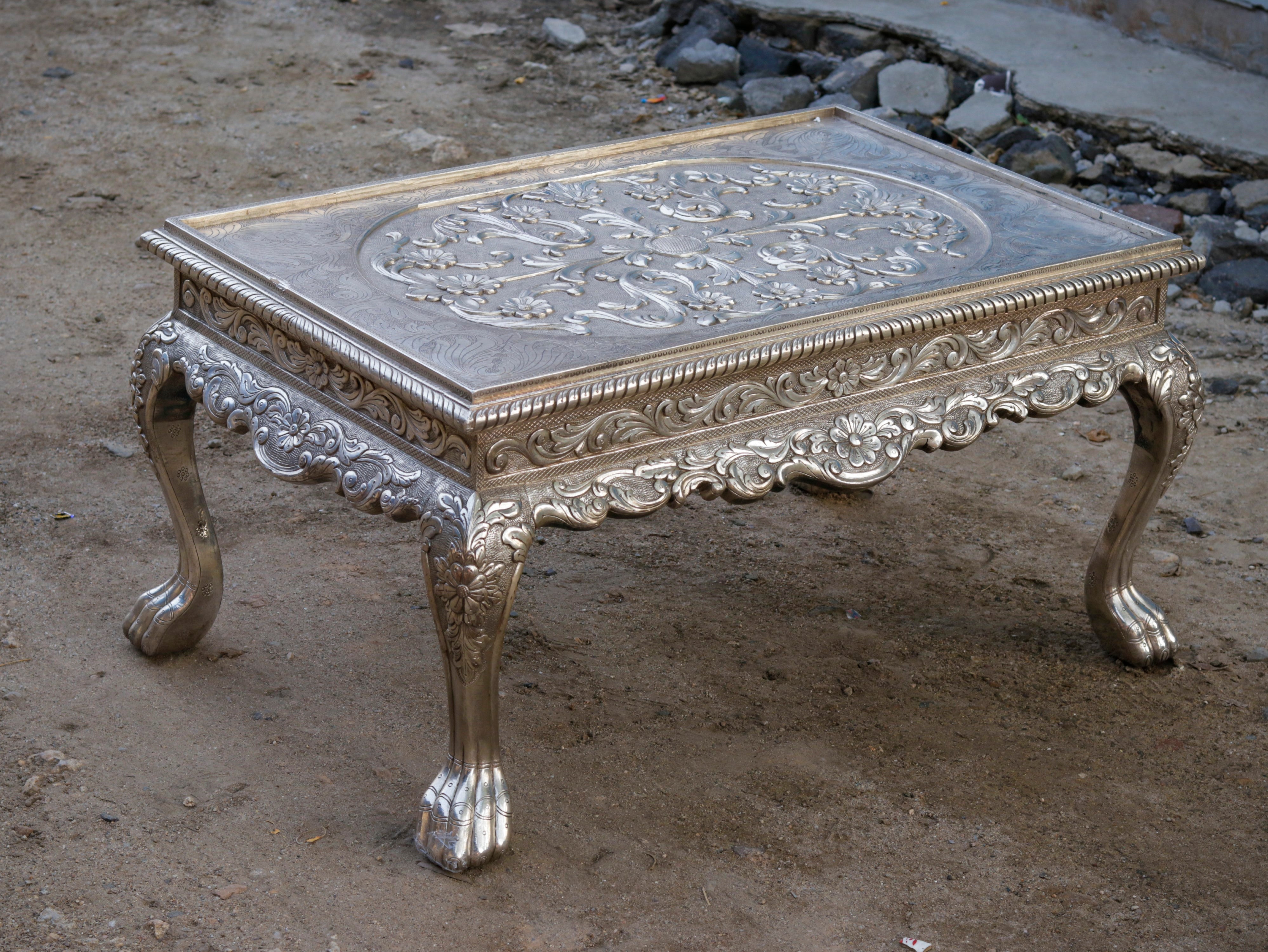 White Metal Fitted Intricate Carved Design Coffee Table Silver Finishing Coffee Table