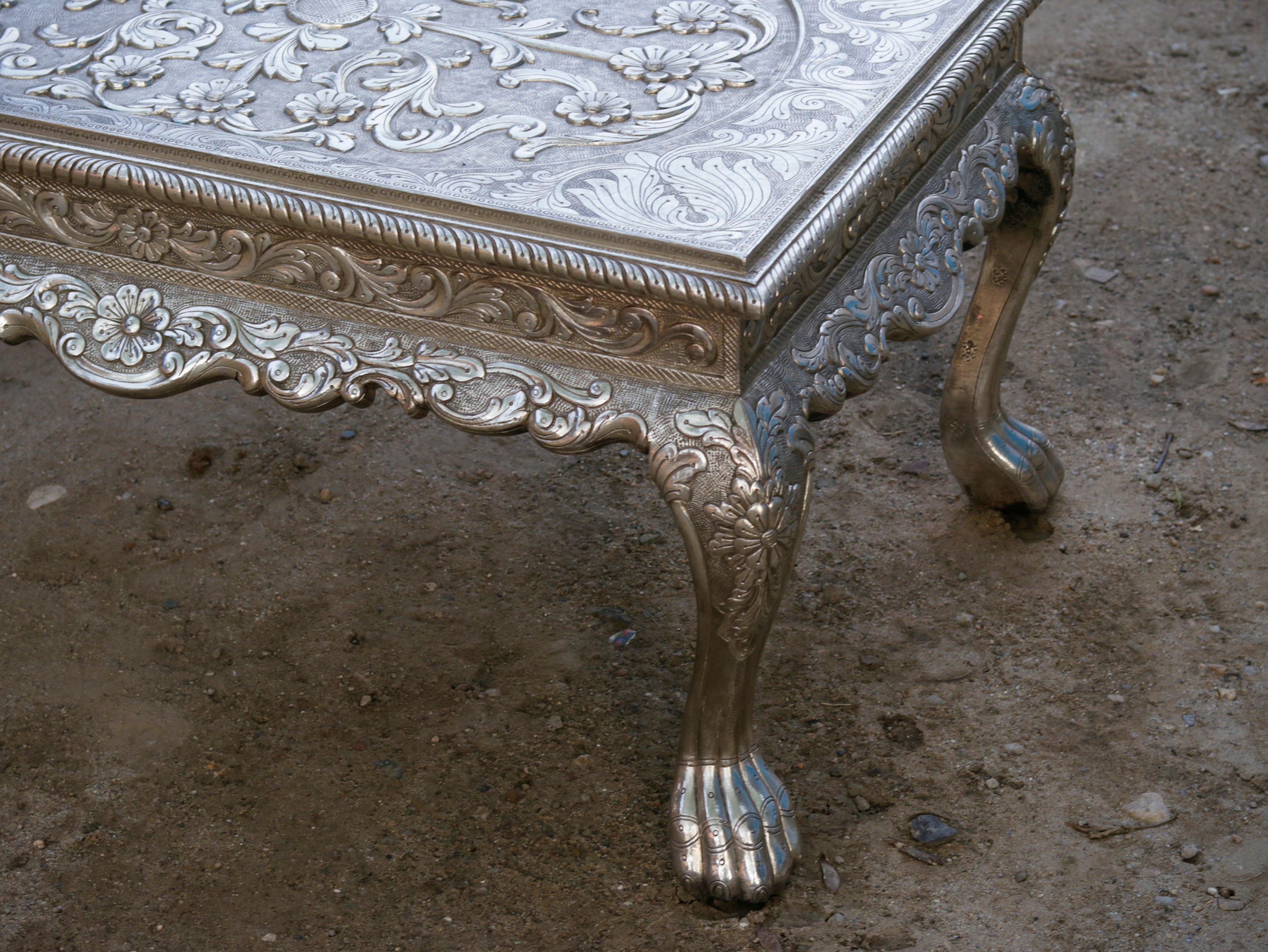 White Metal Fitted Intricate Carved Design Coffee Table Silver Finishing Coffee Table