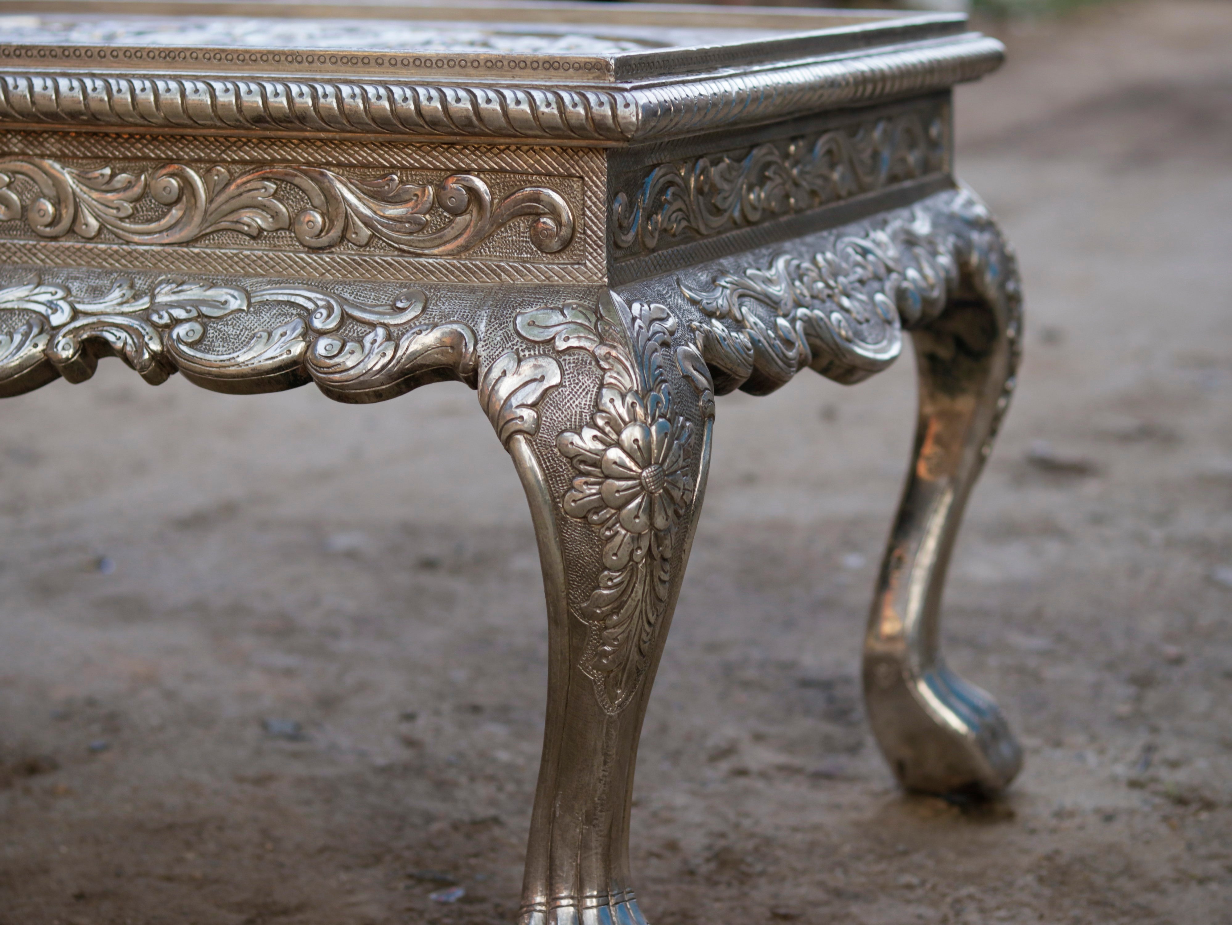 White Metal Fitted Intricate Carved Design Coffee Table Silver Finishing Coffee Table