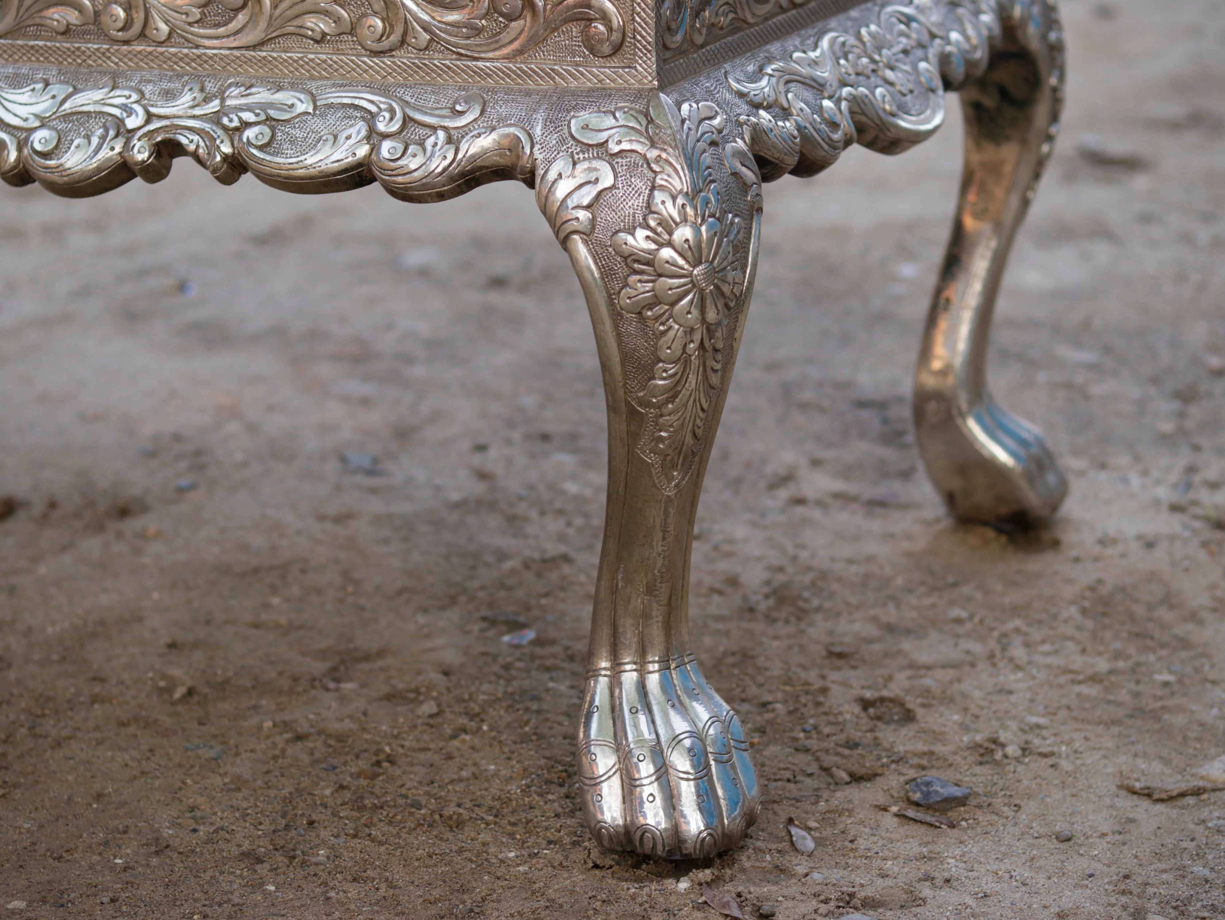 White Metal Fitted Intricate Carved Design Coffee Table Silver Finishing Coffee Table