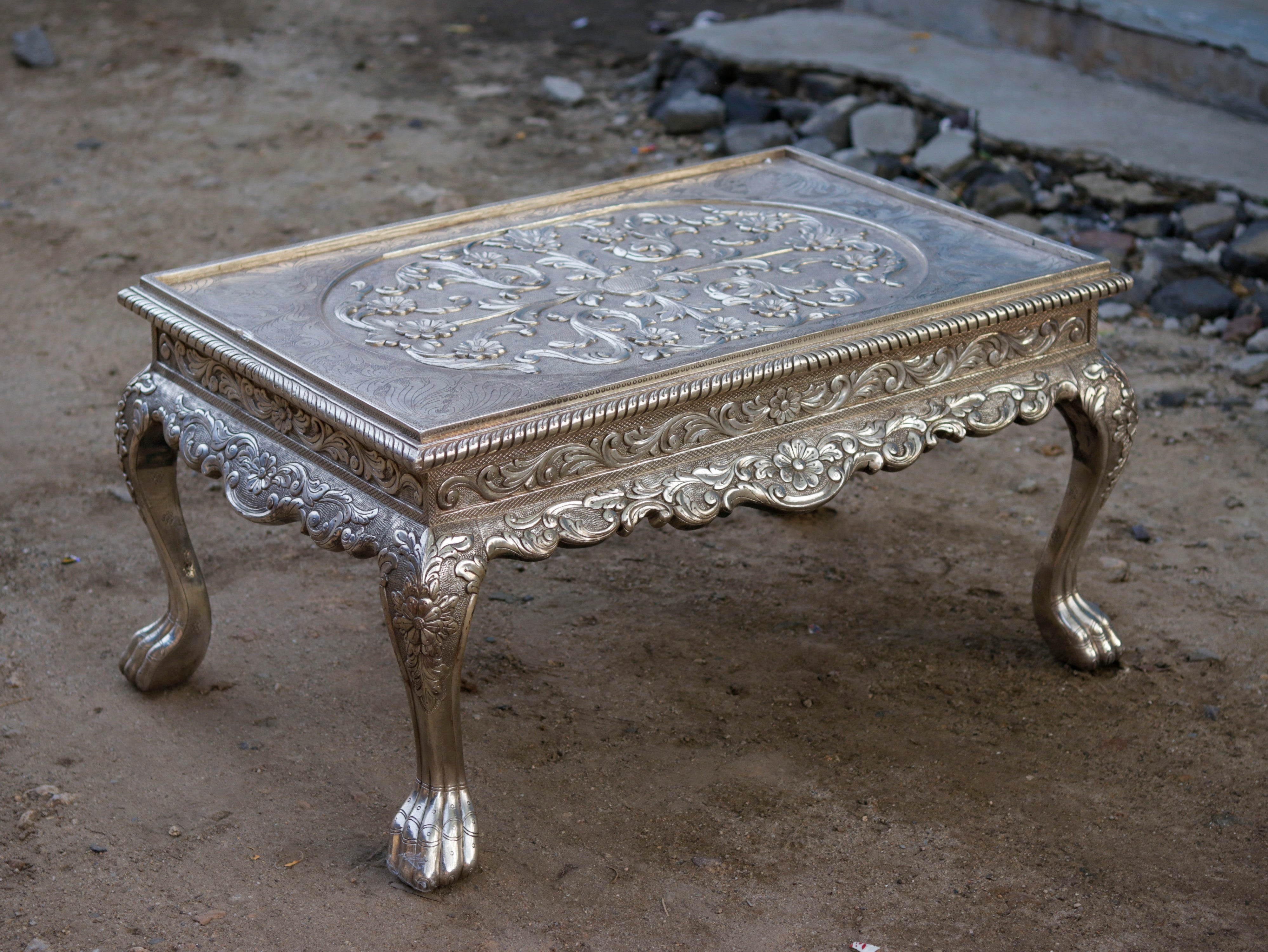 White Metal Fitted Intricate Carved Design Coffee Table Silver Finishing Coffee Table