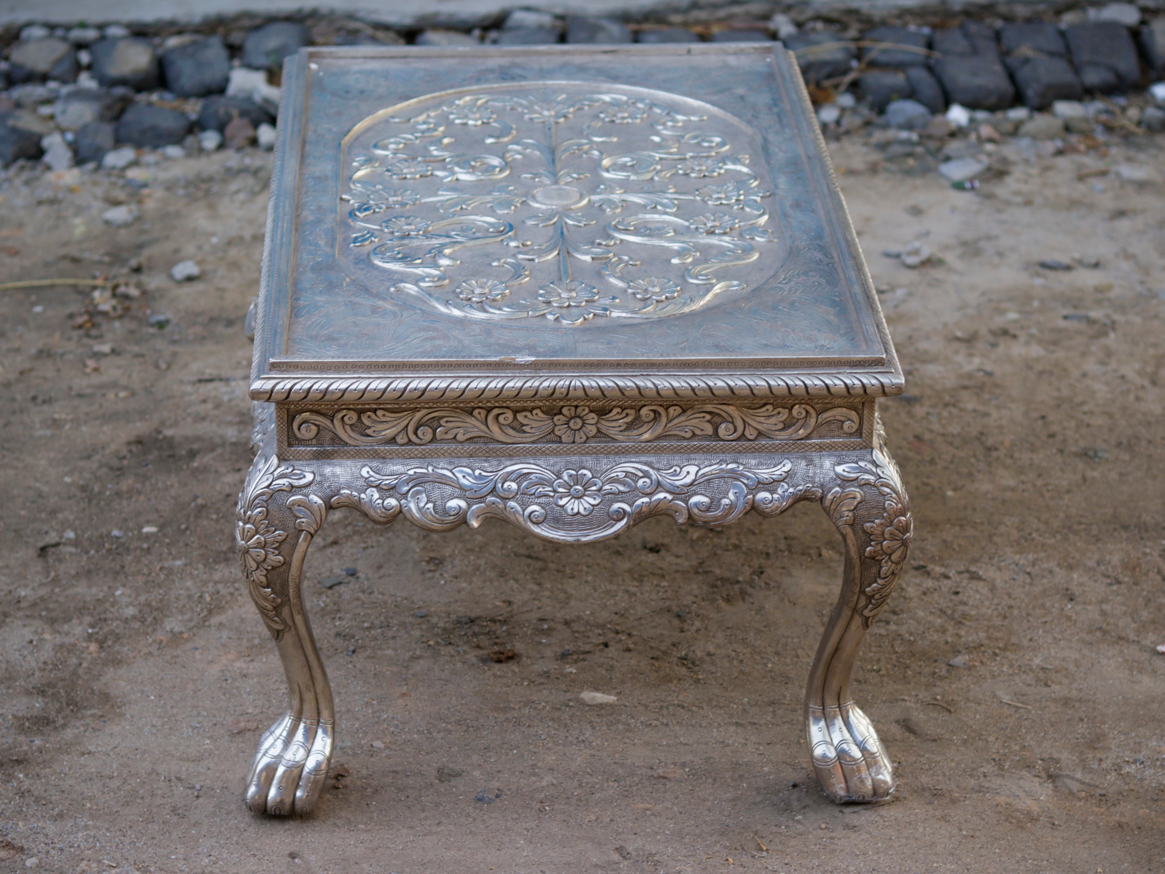 White Metal Fitted Intricate Carved Design Coffee Table Silver Finishing Coffee Table