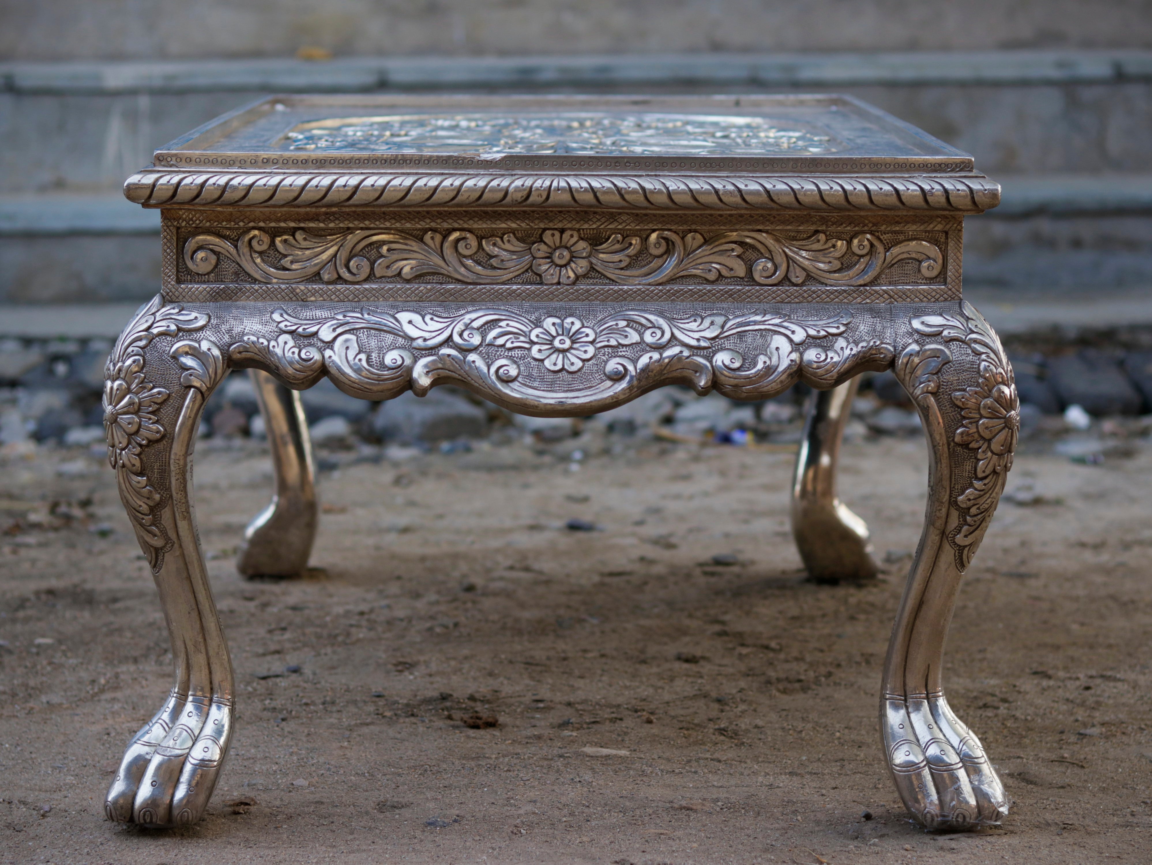 White Metal Fitted Intricate Carved Design Coffee Table Silver Finishing Coffee Table