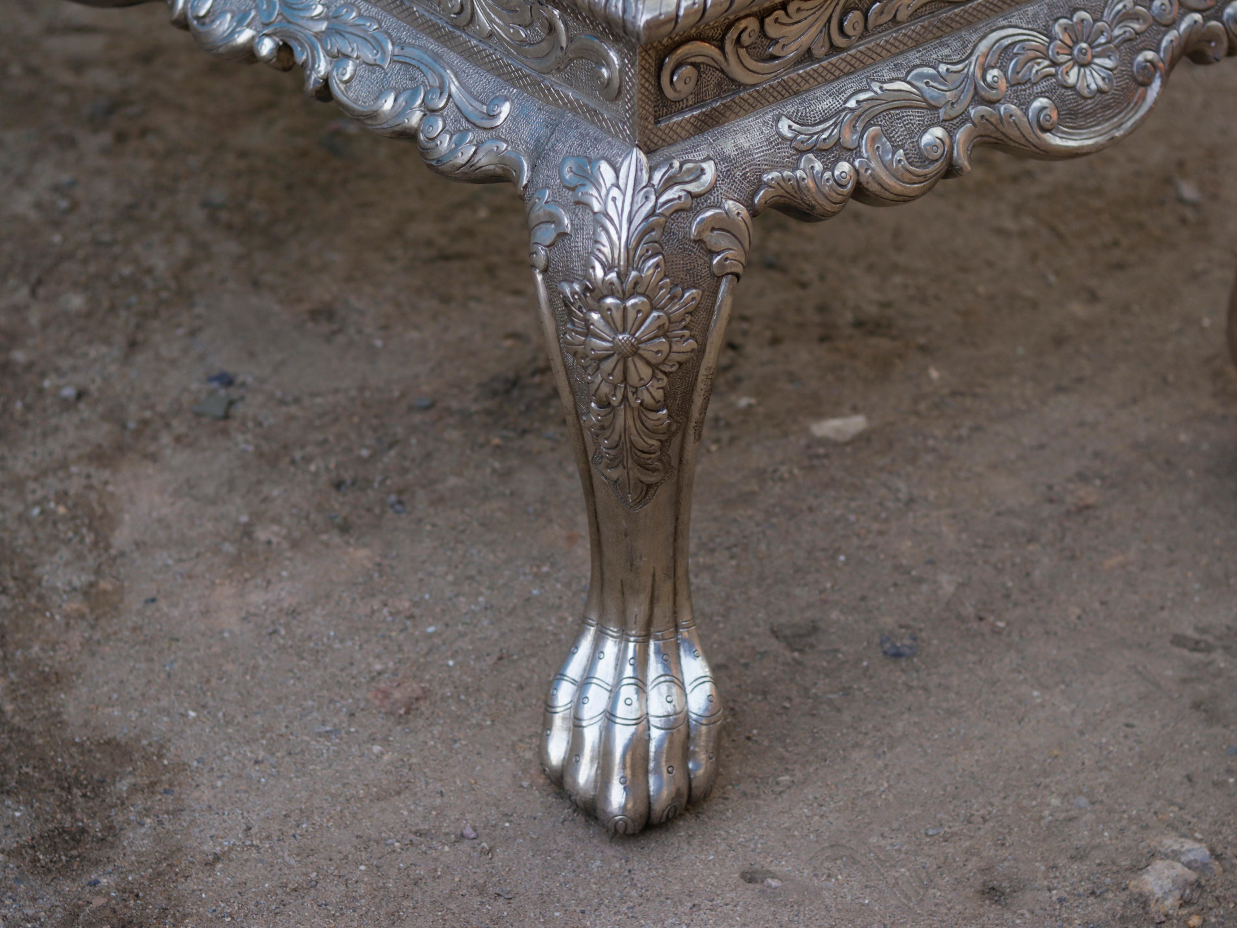 White Metal Fitted Intricate Carved Design Coffee Table Silver Finishing Coffee Table