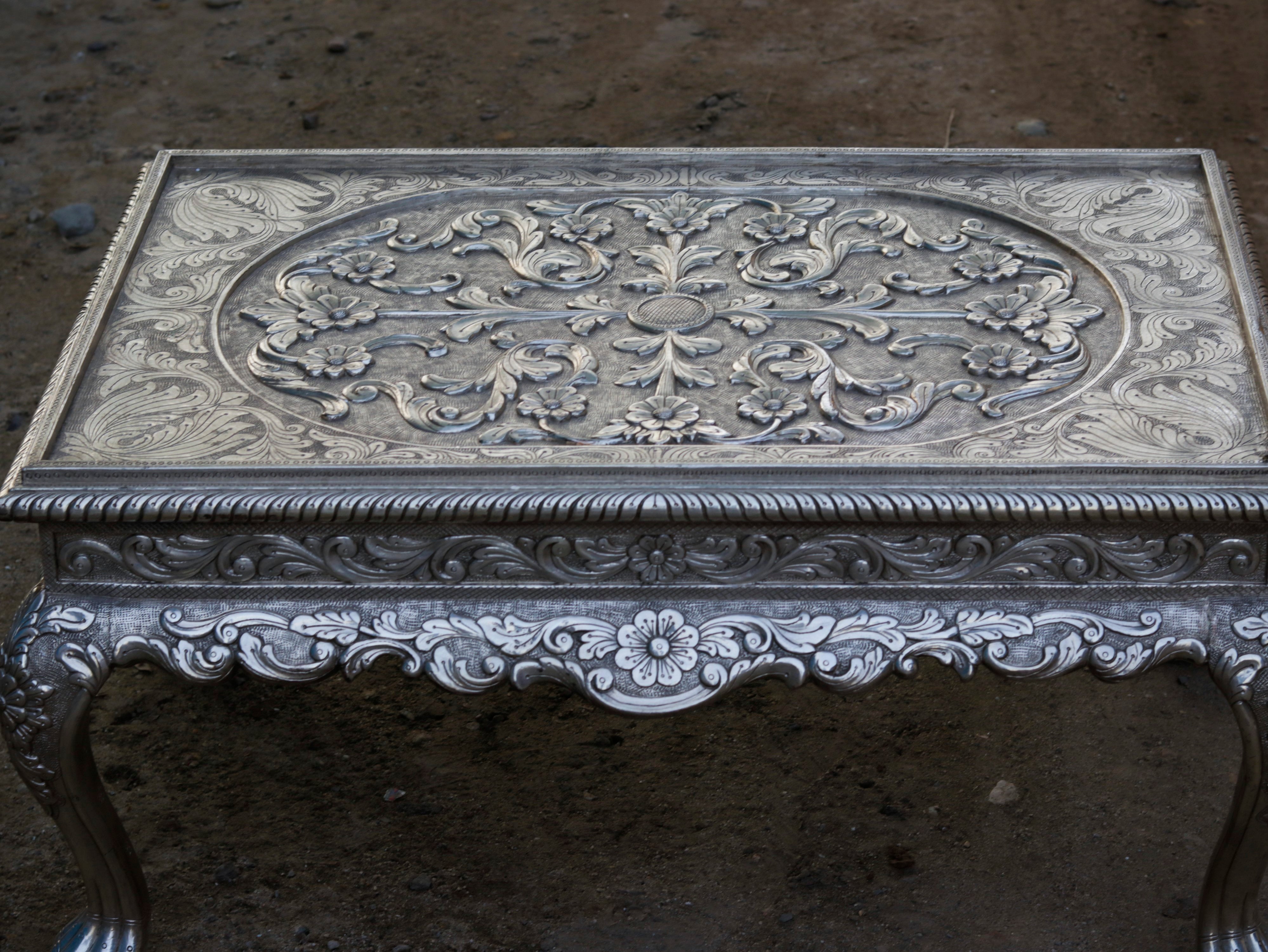 White Metal Fitted Intricate Carved Design Coffee Table Silver Finishing Coffee Table