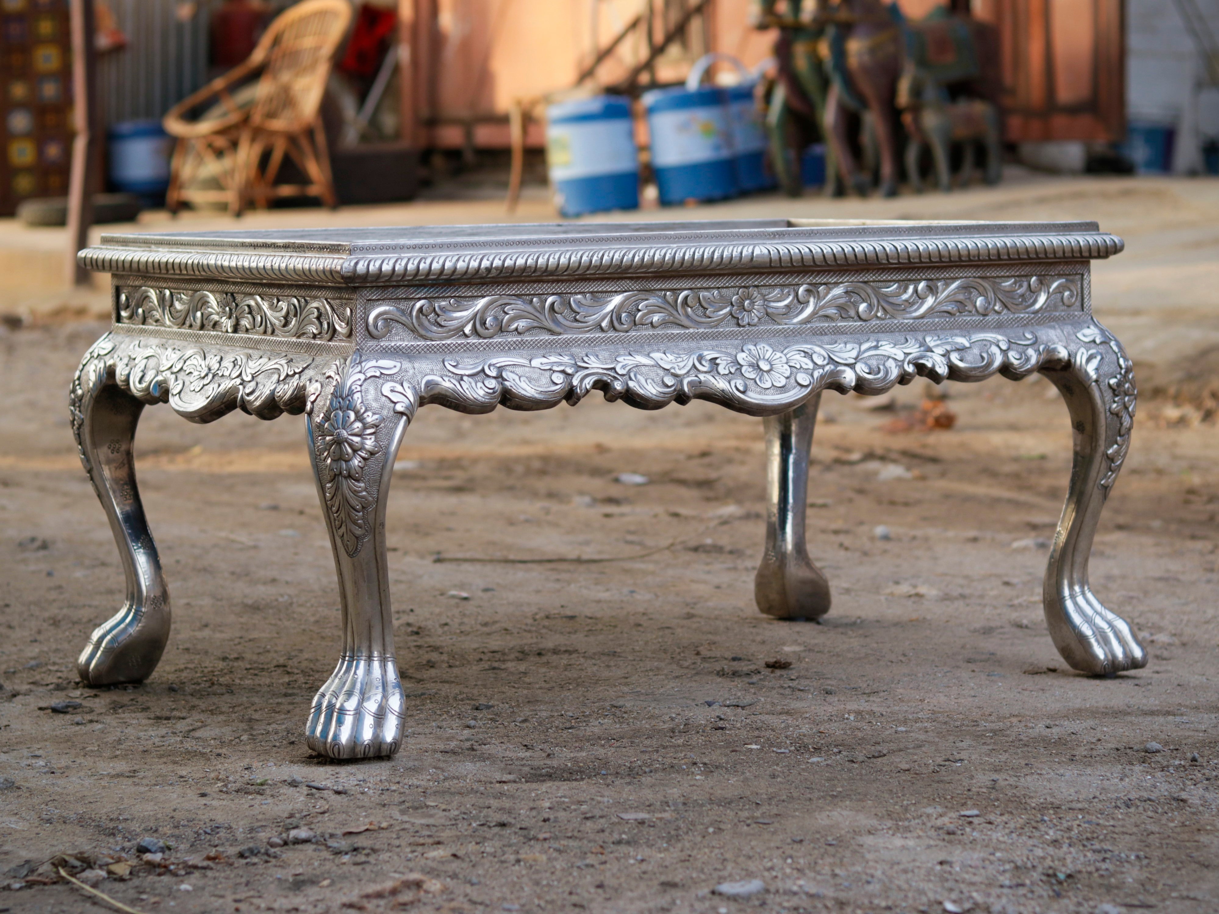 White Metal Fitted Intricate Carved Design Coffee Table Silver Finishing Coffee Table