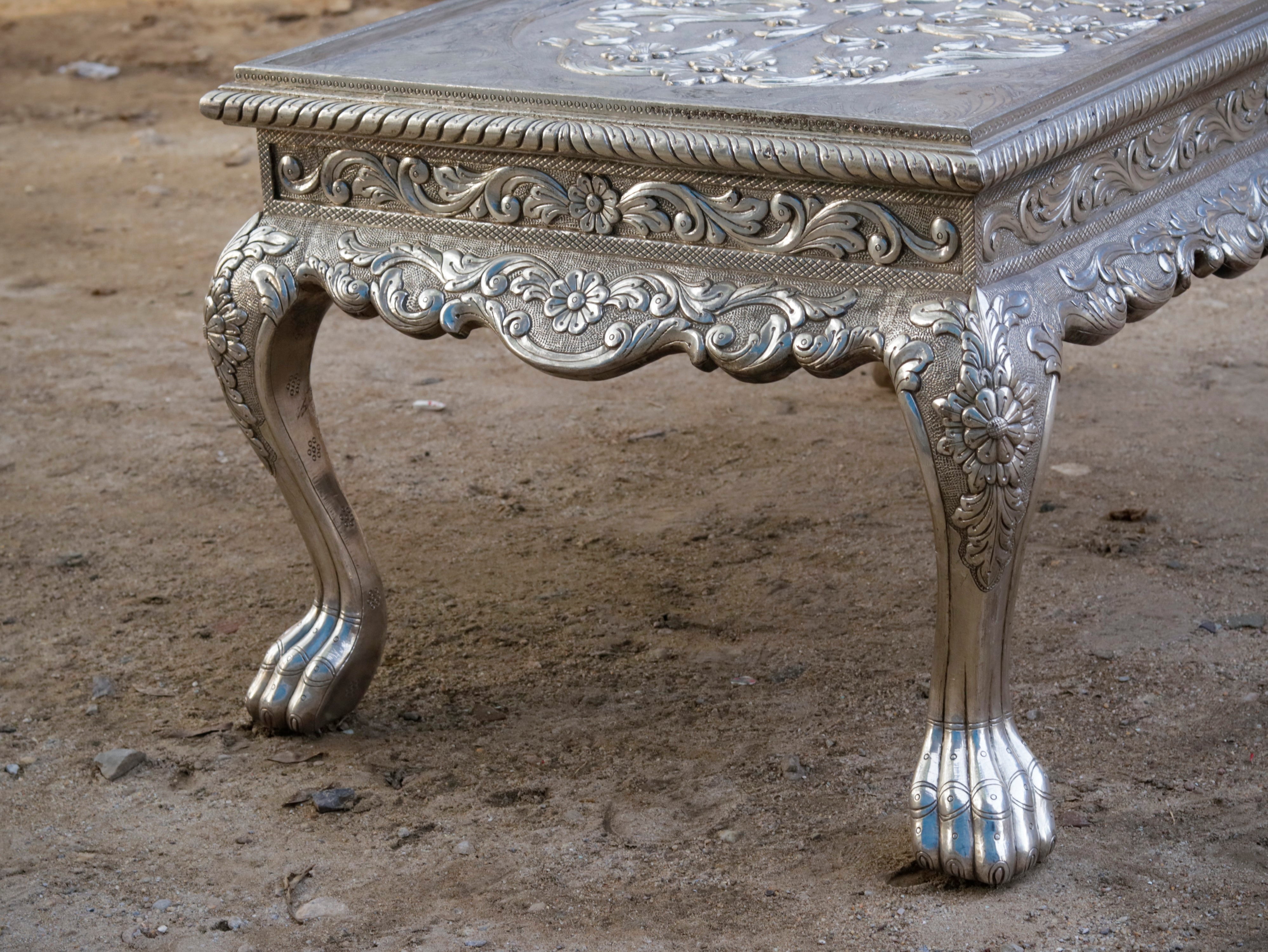 White Metal Fitted Intricate Carved Design Coffee Table Silver Finishing Coffee Table