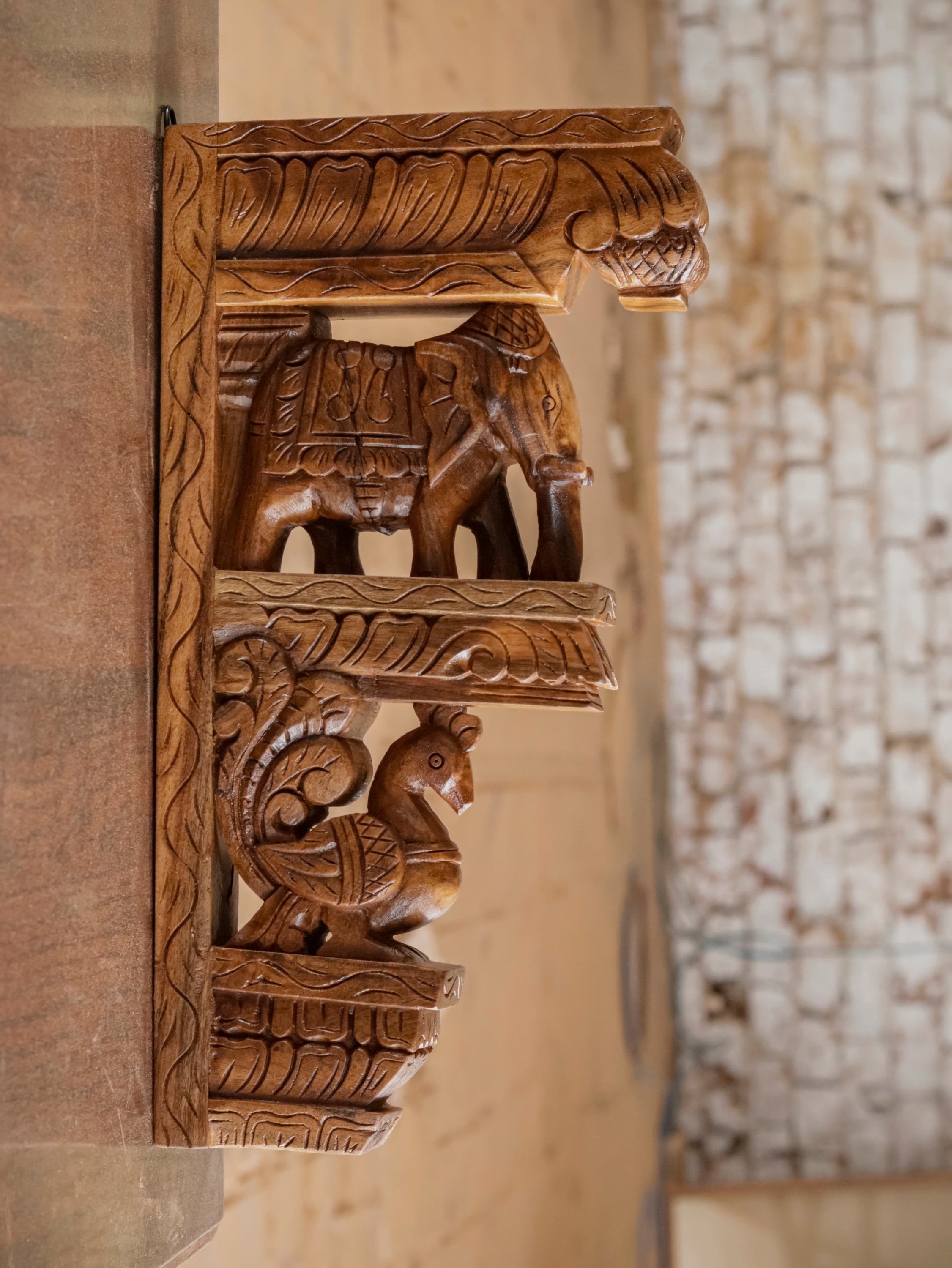 Elephant peacock figurine teak wood corbel door bracket Door Bracket