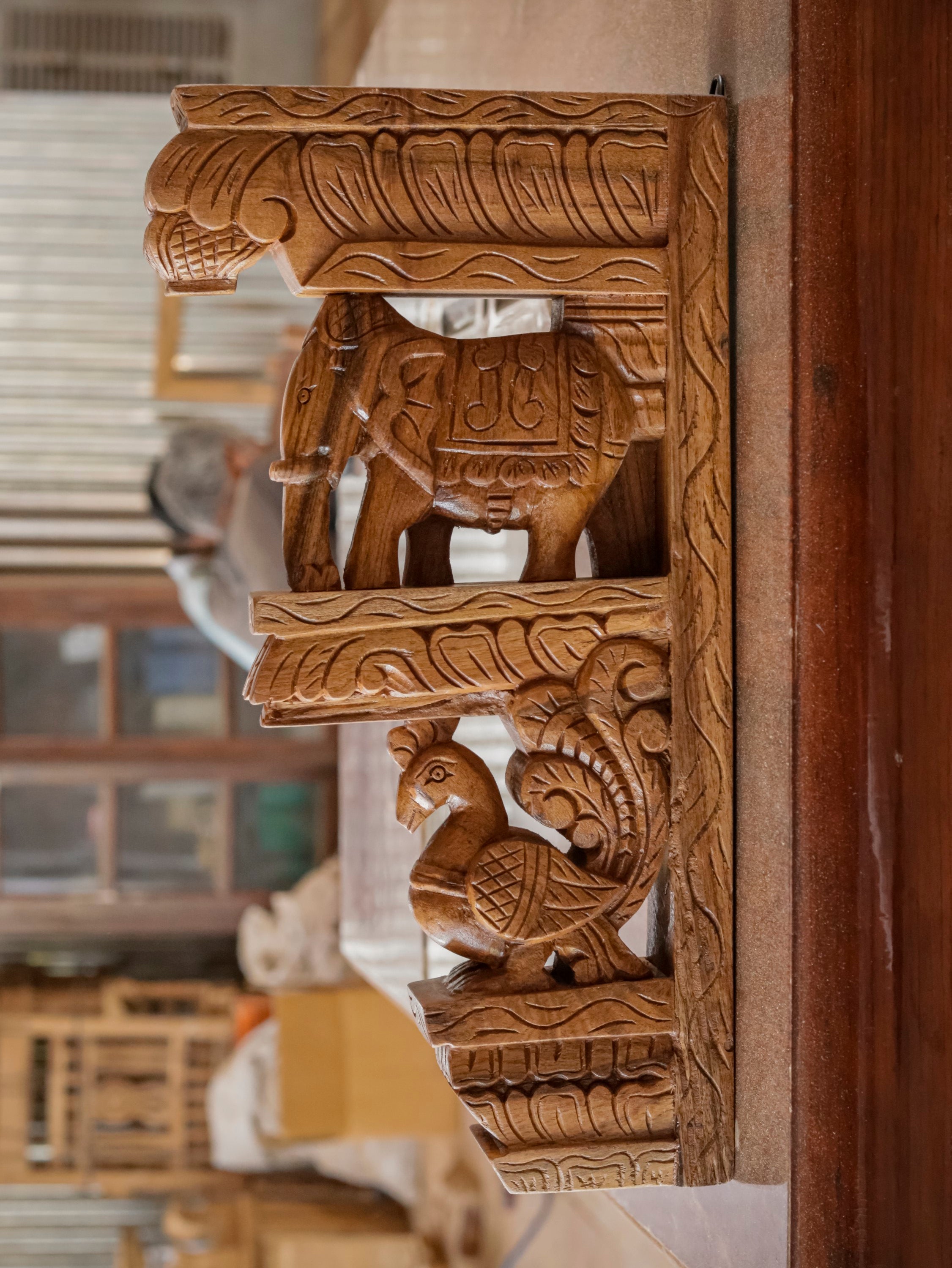 Elephant peacock figurine teak wood corbel door bracket Door Bracket