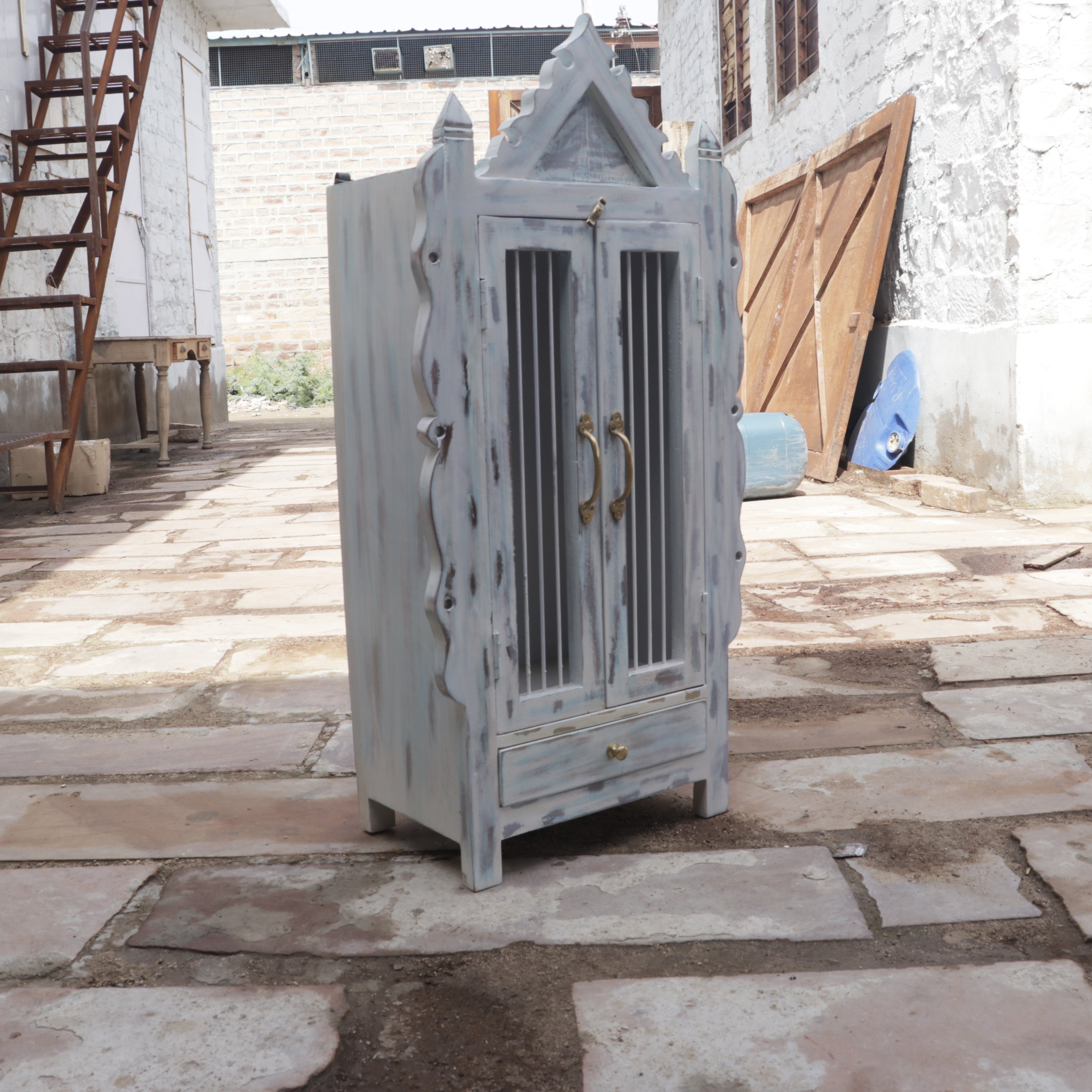 Traditional Old Vintage Blue Distressed Wooden Handmade Temple Temple