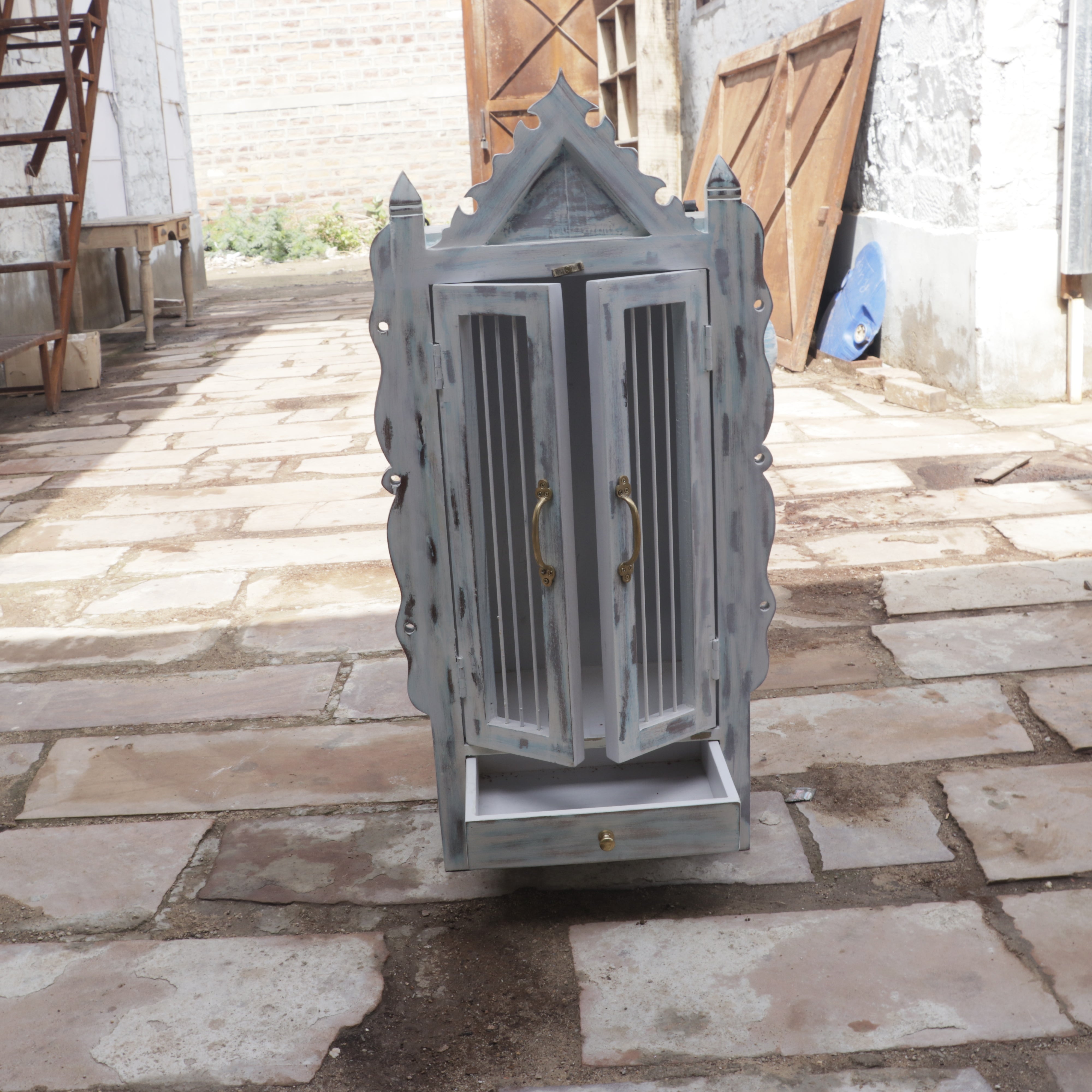 Traditional Old Vintage Blue Distressed Wooden Handmade Temple Temple