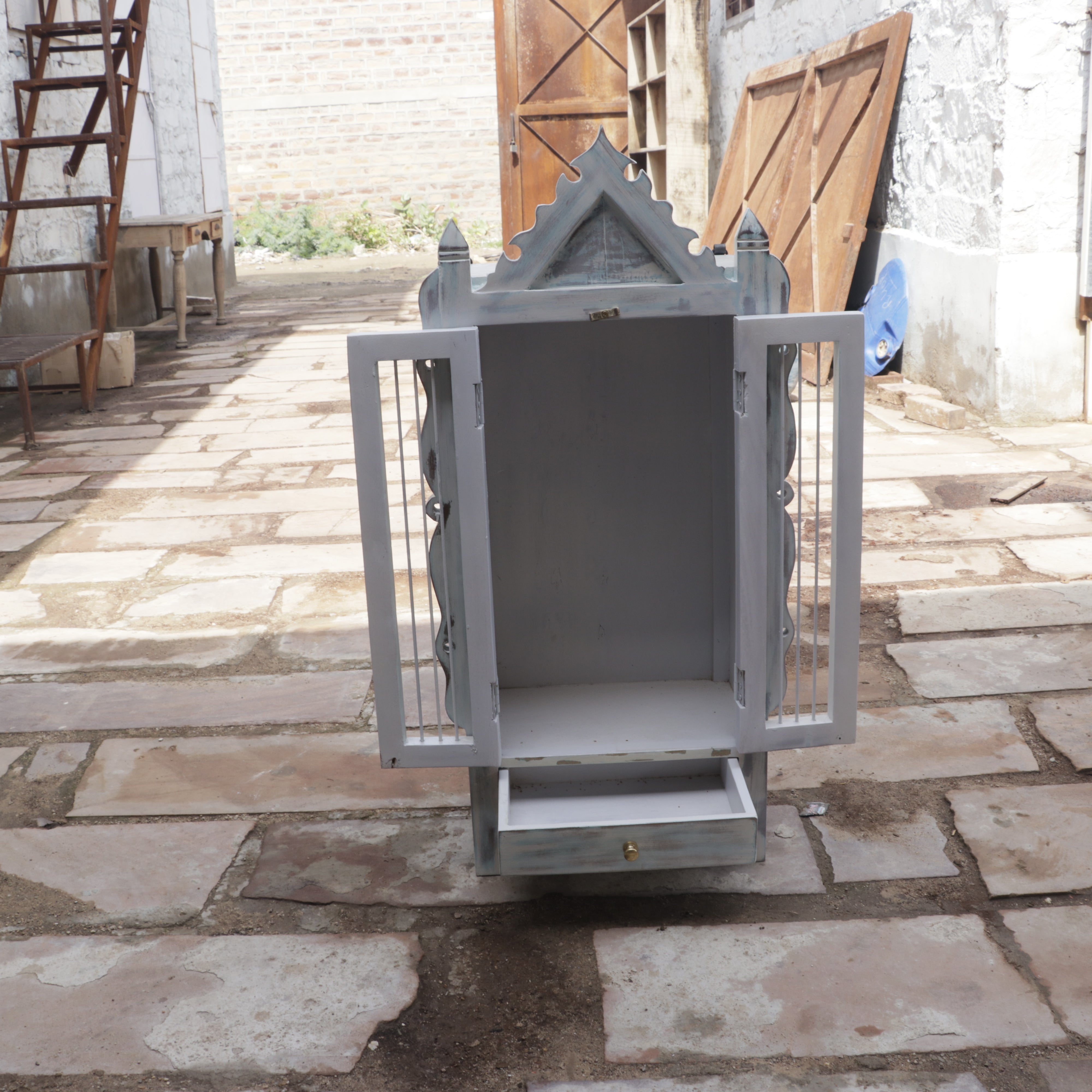 Traditional Old Vintage Blue Distressed Wooden Handmade Temple Temple