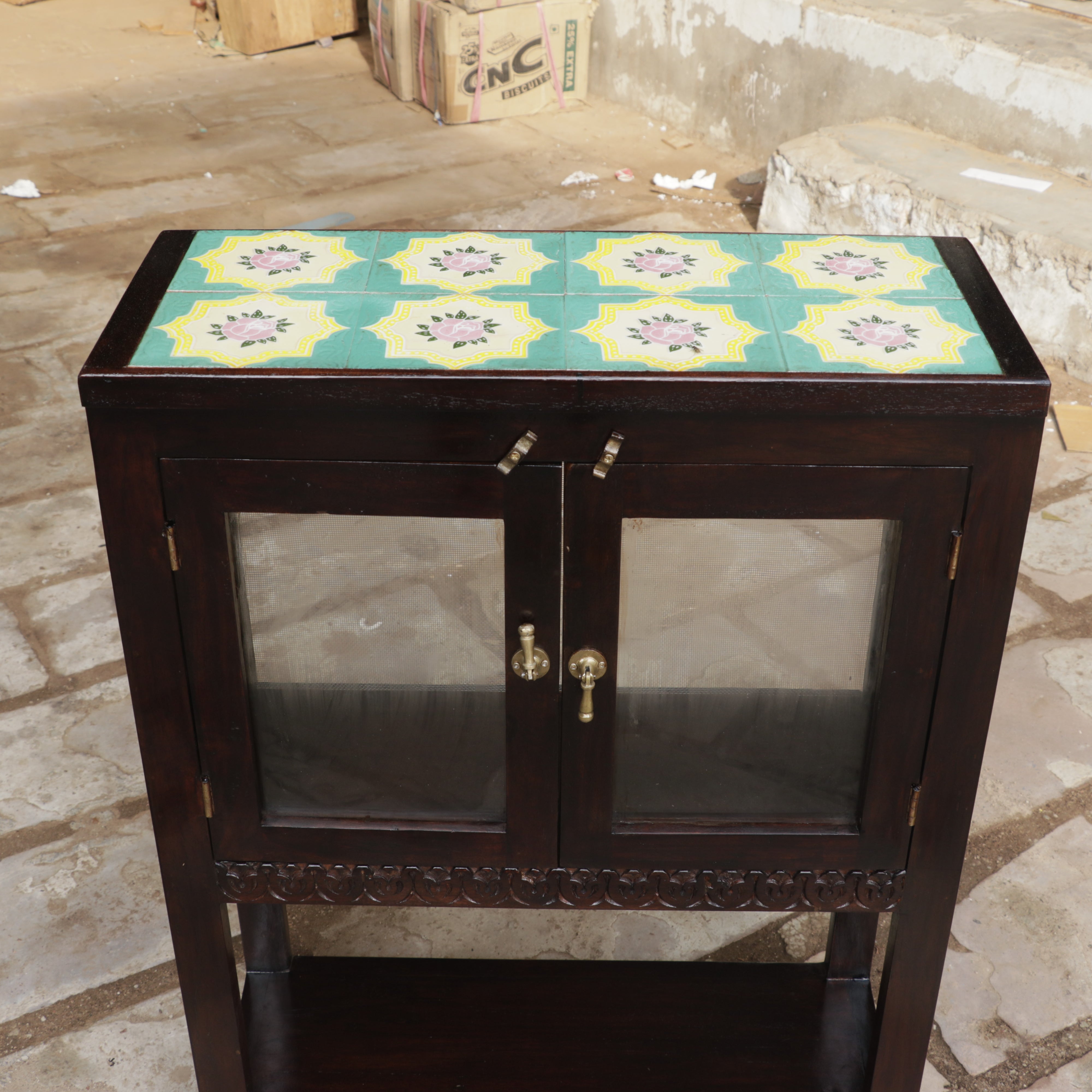 Antique Flower Tile Table Top Wooden Handmade Cupbaord Cupboard