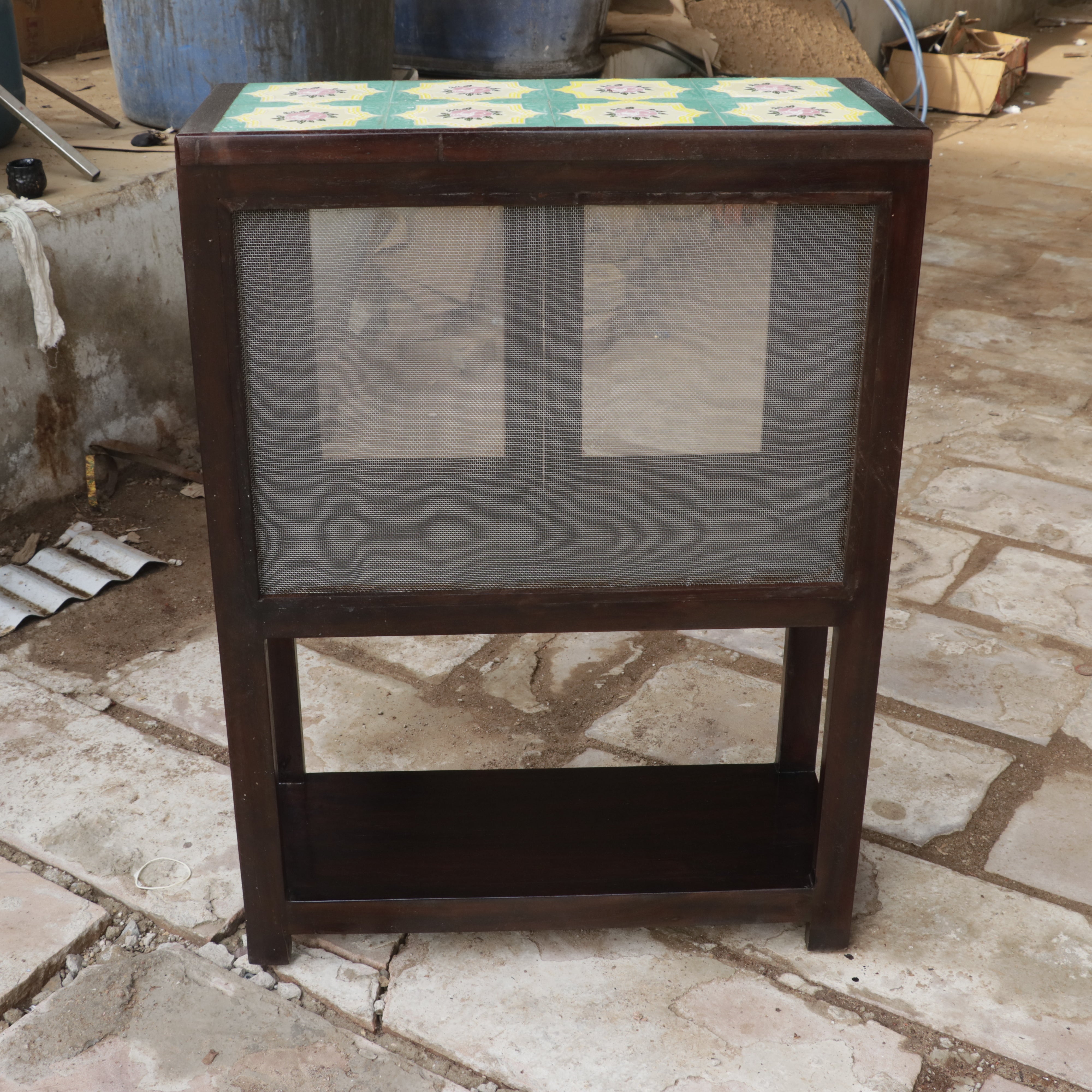 Antique Flower Tile Table Top Wooden Handmade Cupbaord Cupboard