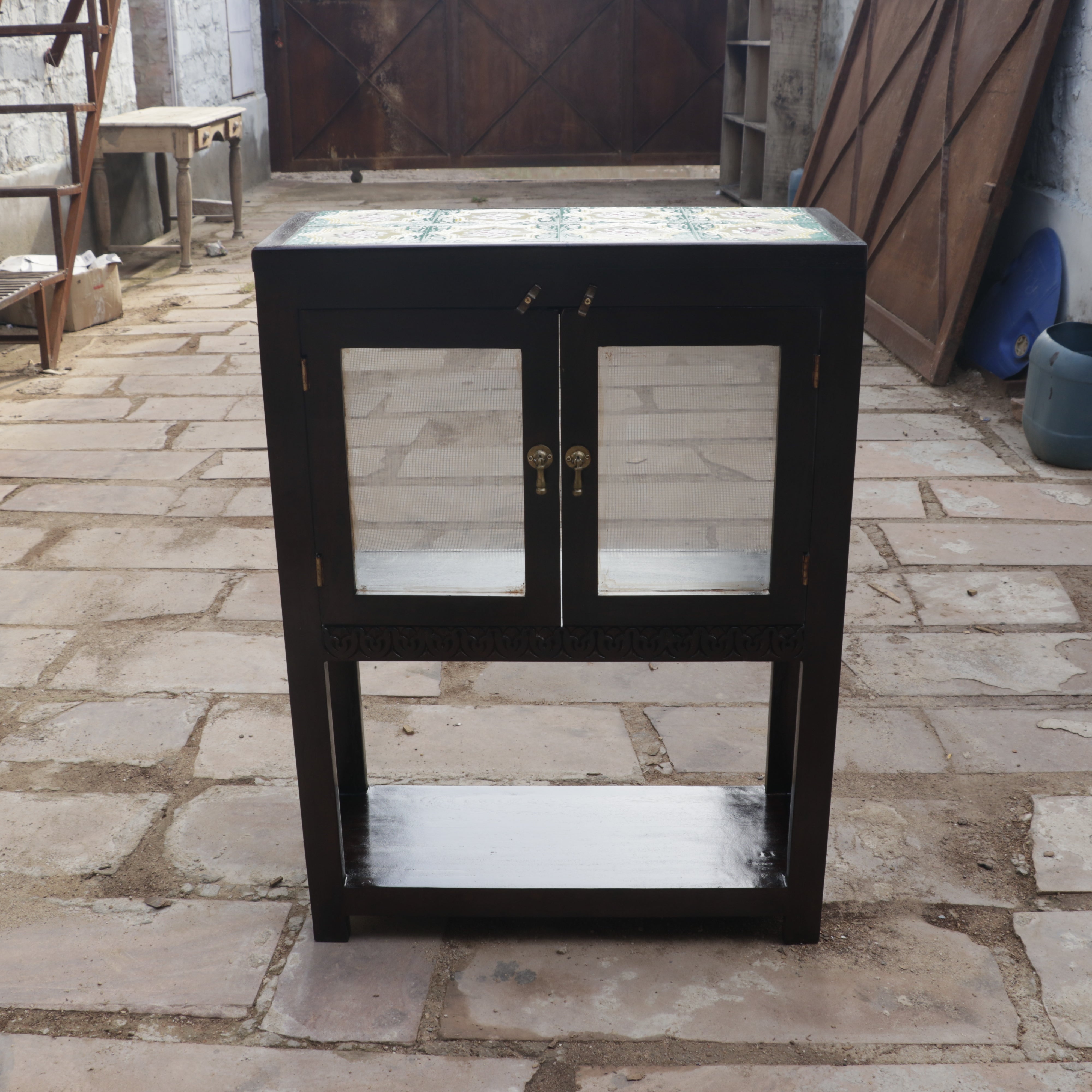 Antique Flower Tile Table Top Wooden Handmade Cupbaord Cupboard