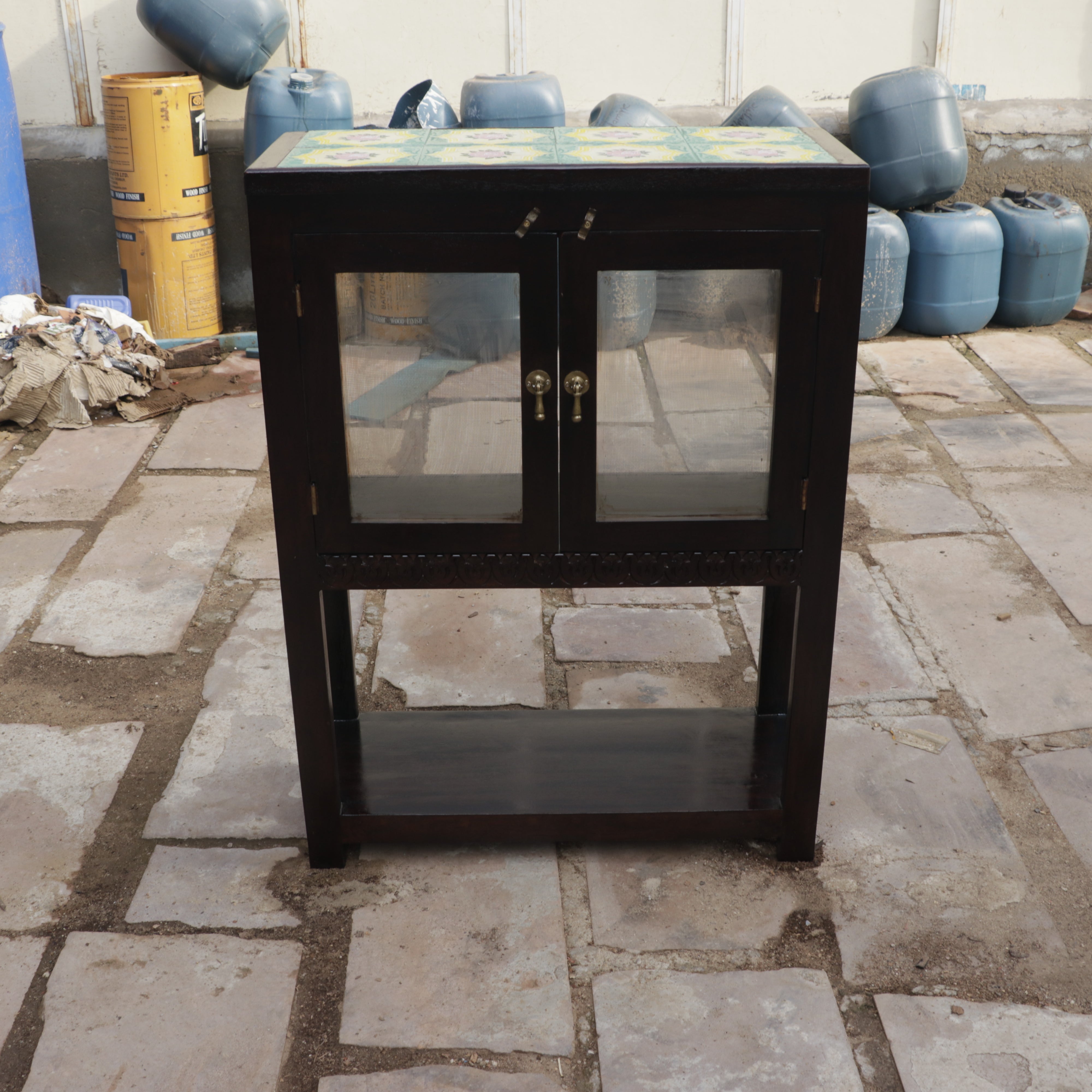 Antique Flower Tile Table Top Wooden Handmade Cupbaord Cupboard