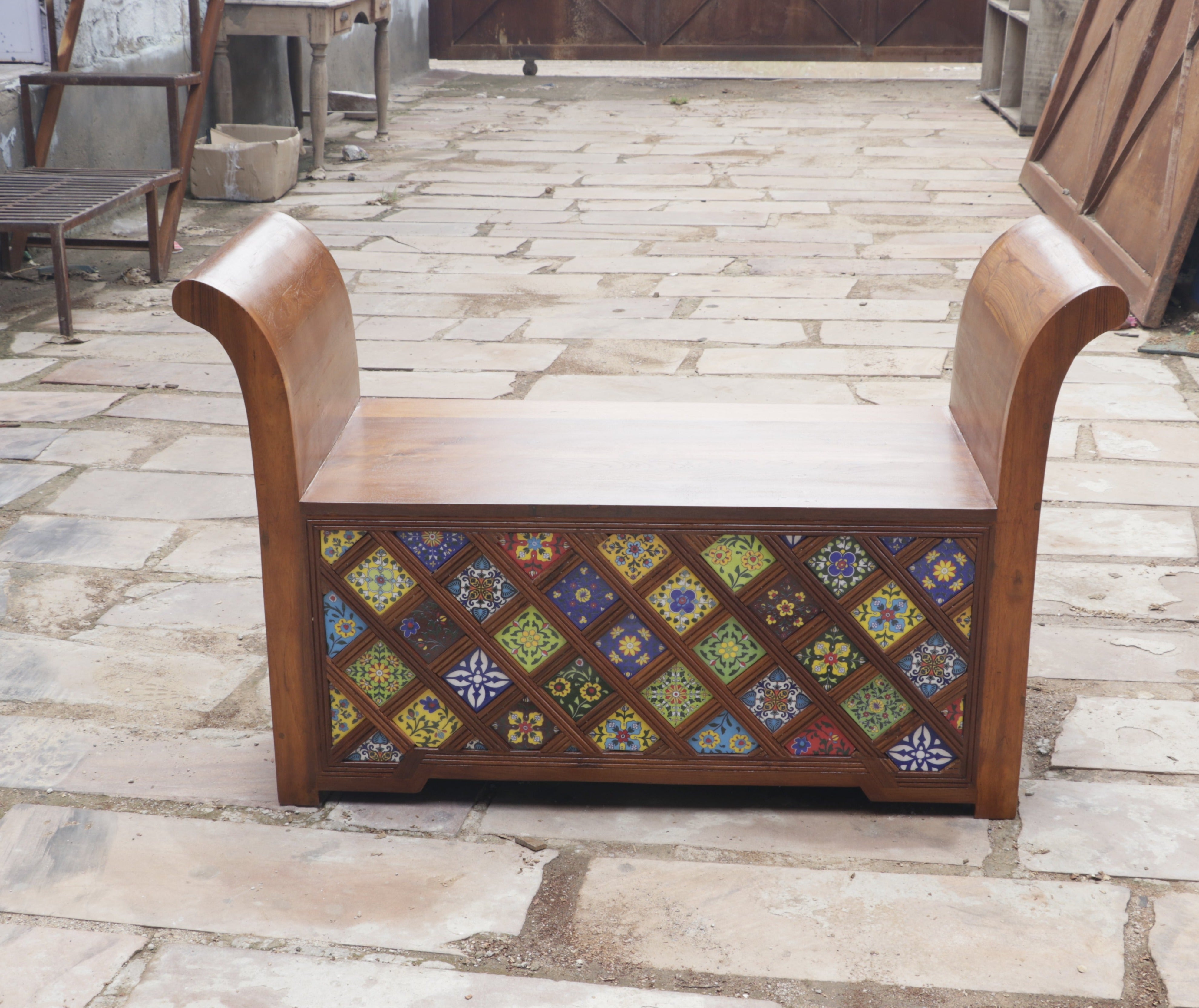 Aesthetic Curved Arm Antique Tiles Wooden Handmade Couch Bench