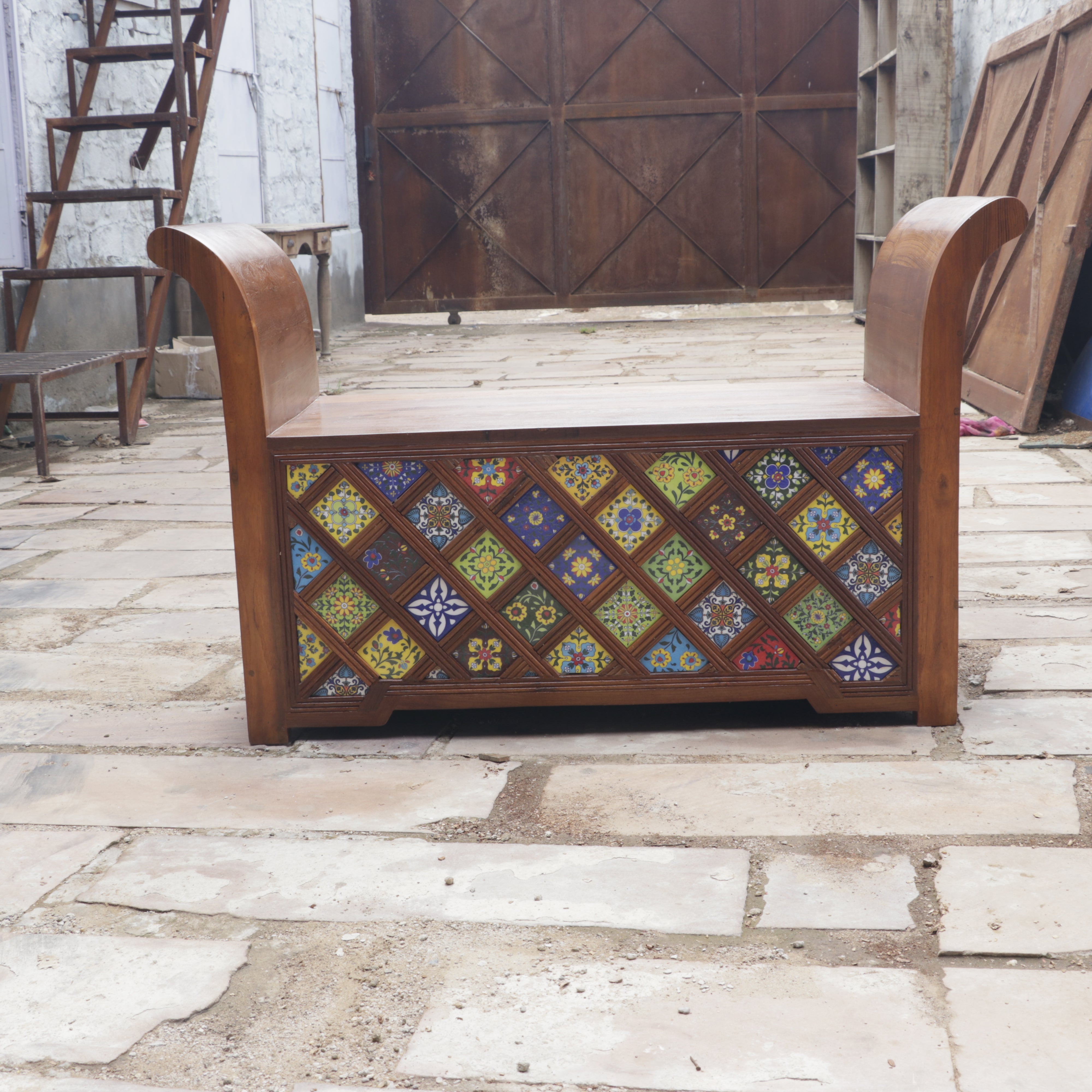 Aesthetic Curved Arm Antique Tiles Wooden Handmade Couch Bench