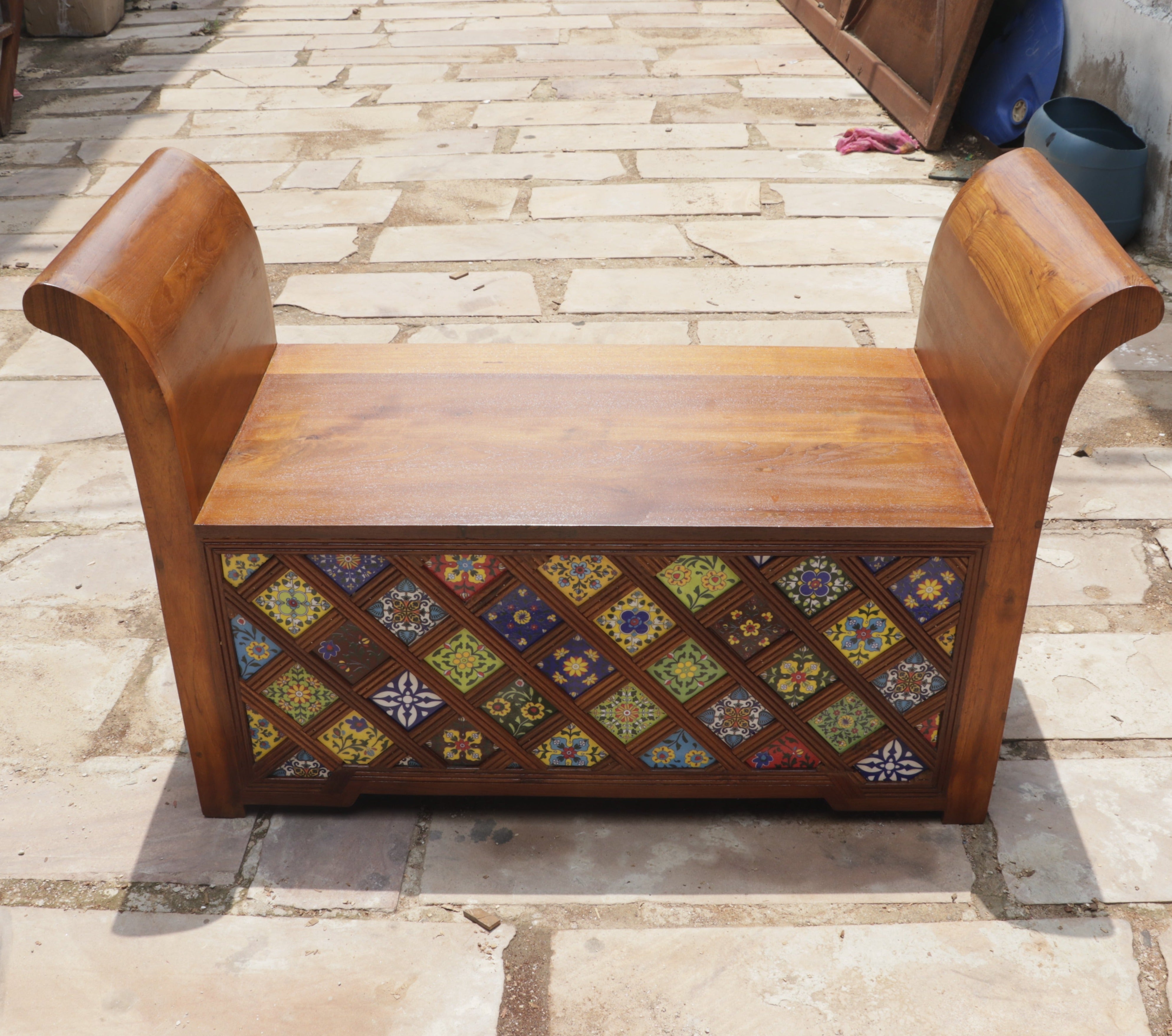 Aesthetic Curved Arm Antique Tiles Wooden Handmade Couch Bench