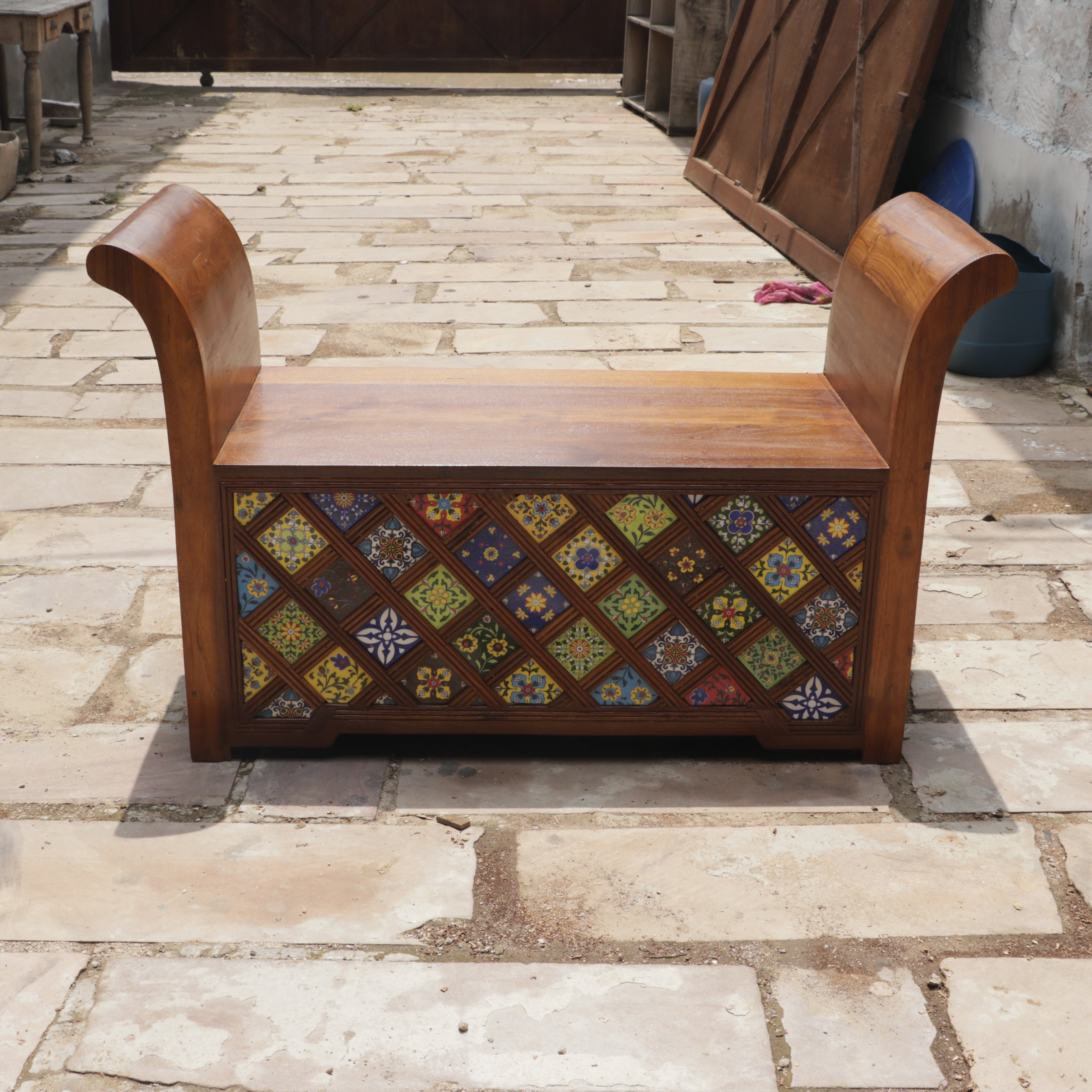 Aesthetic Curved Arm Antique Tiles Wooden Handmade Couch Bench