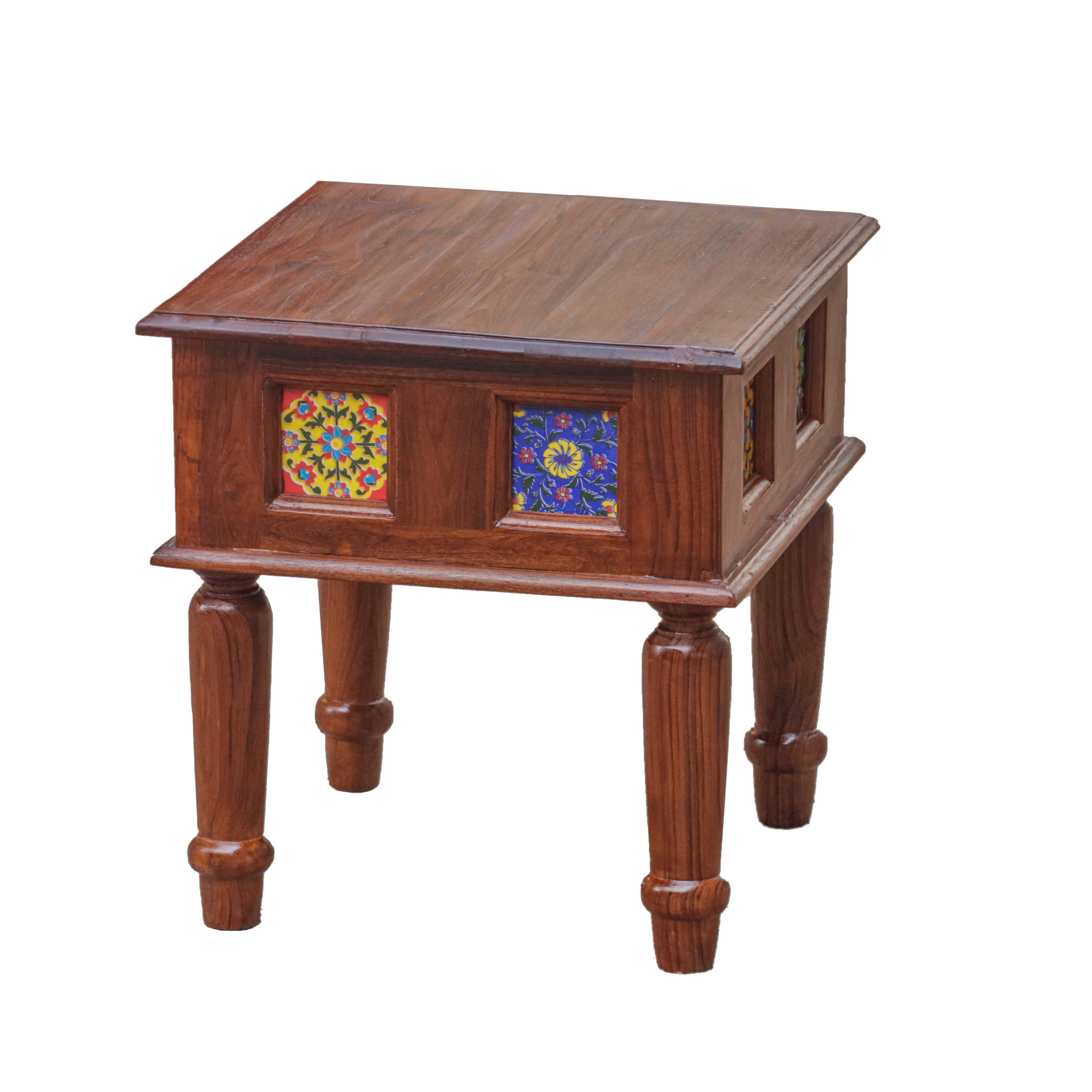 Aesthetic Round Leg Vintage Small Wooden Table with Tile (Single) Bedside