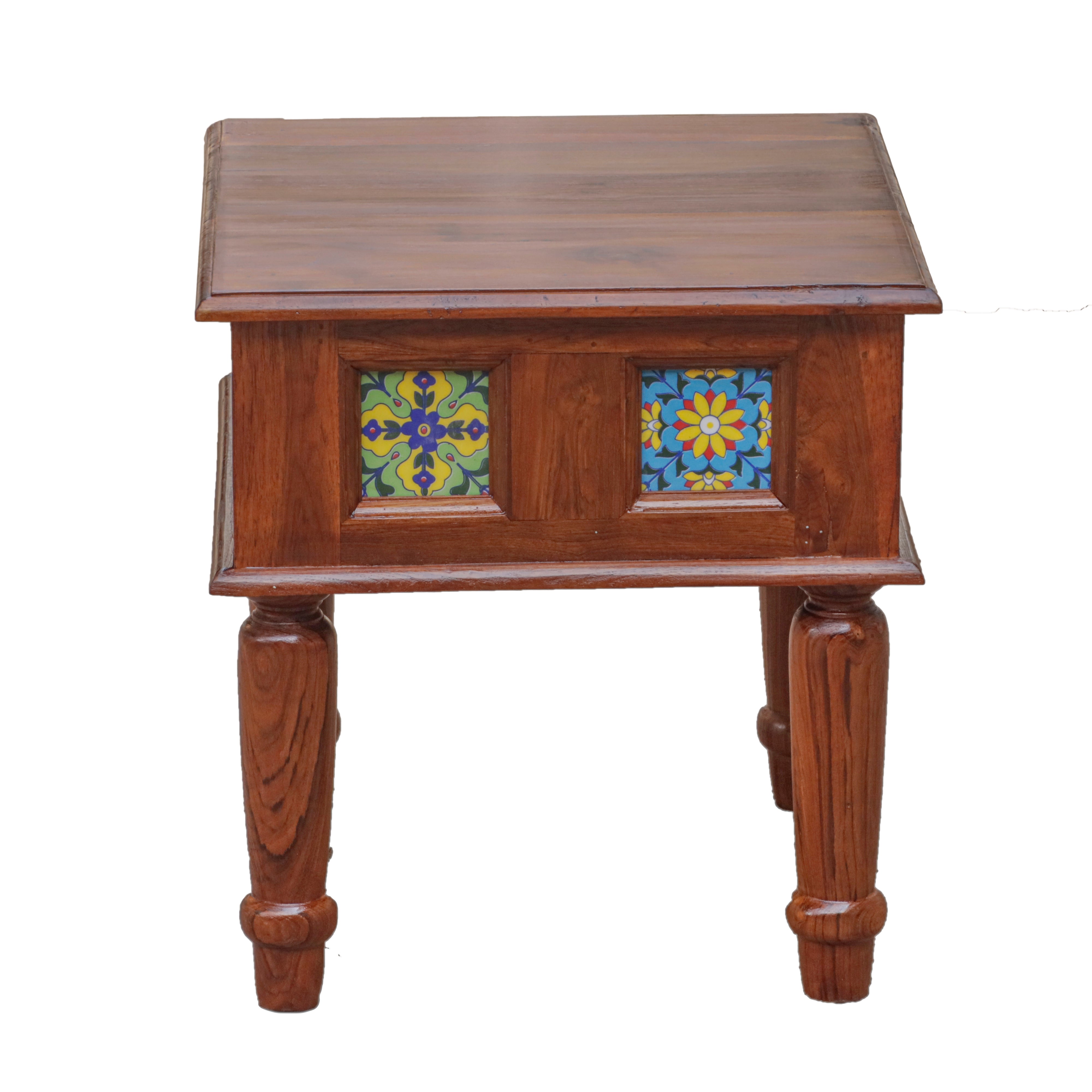 Aesthetic Round Leg Vintage Small Wooden Table with Tile (Single) Bedside