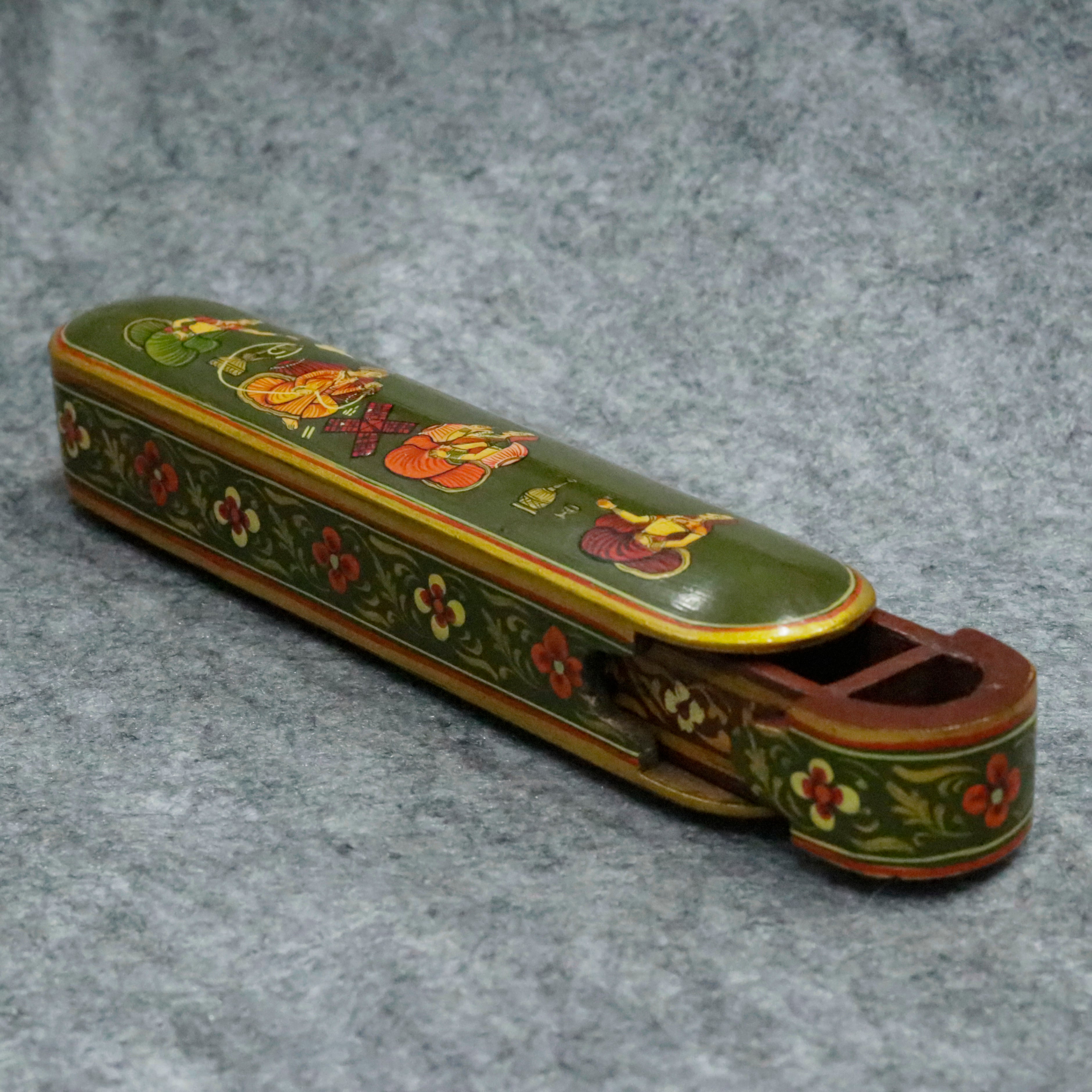 Hand-Painted Indian Artisan Pen & Pencil Box Wooden Box