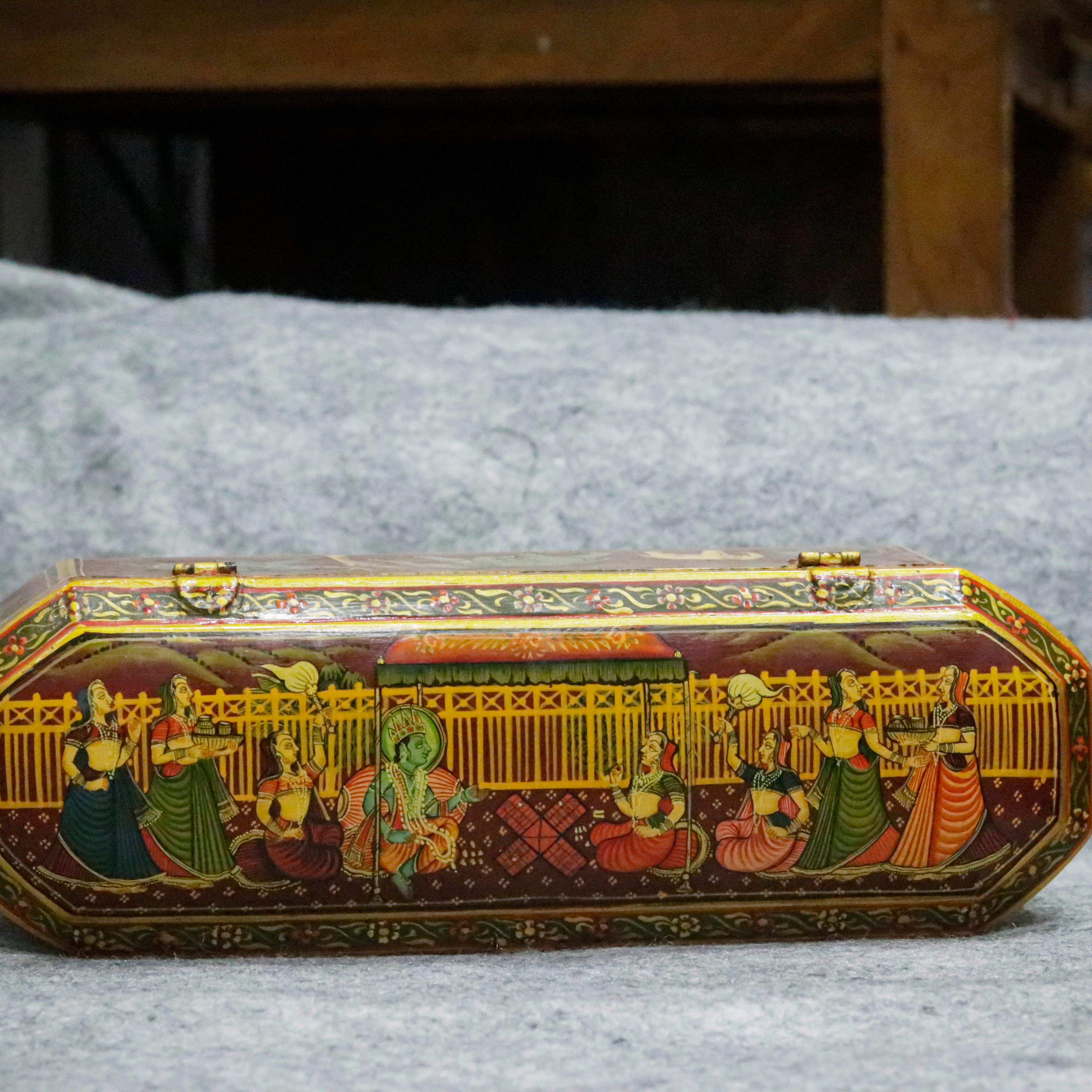 Hand Painted indian folk traditional jeweler box with multiple slot Wooden Box