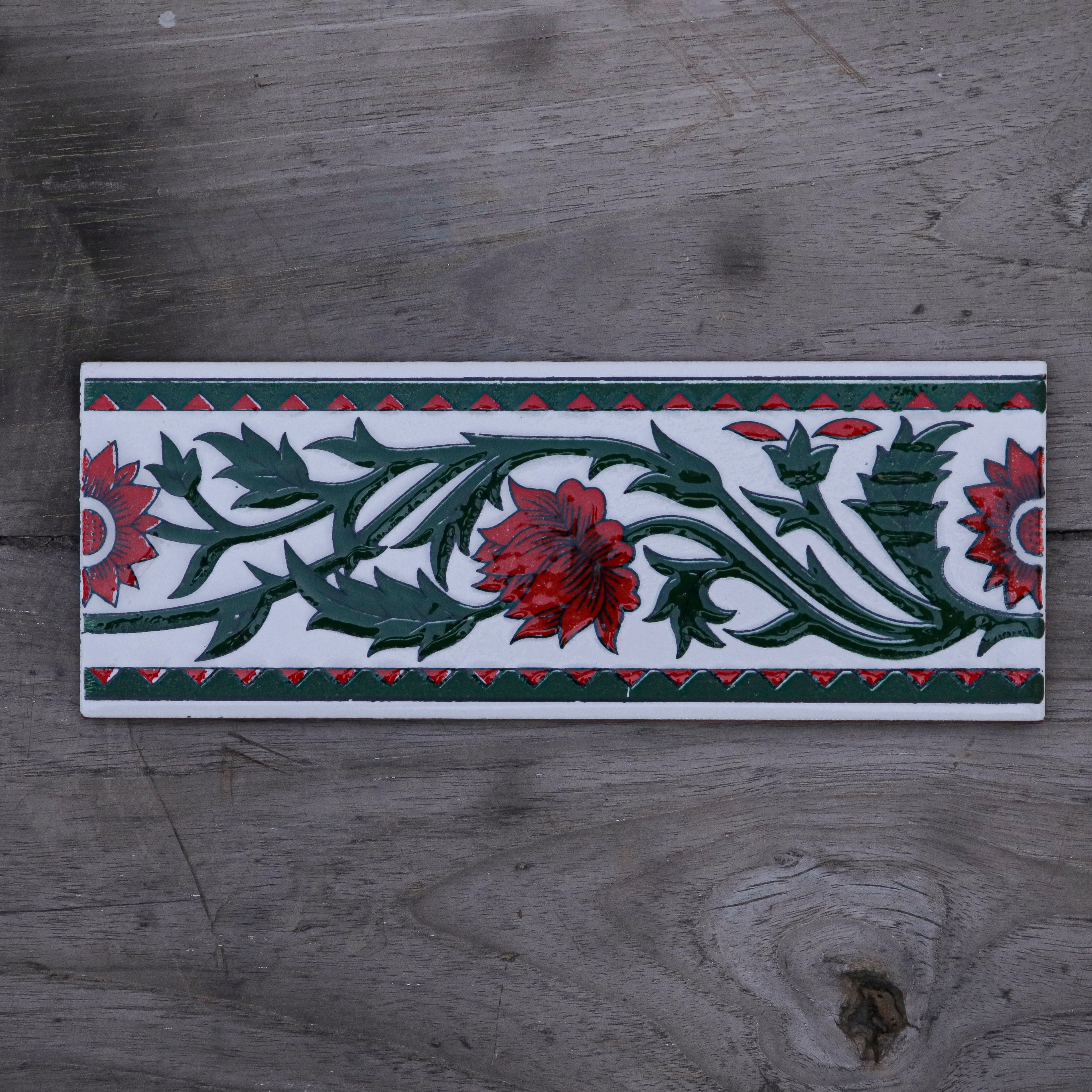 Lotus Classic Red and Green Flowered Long Ceramic Tile Tile