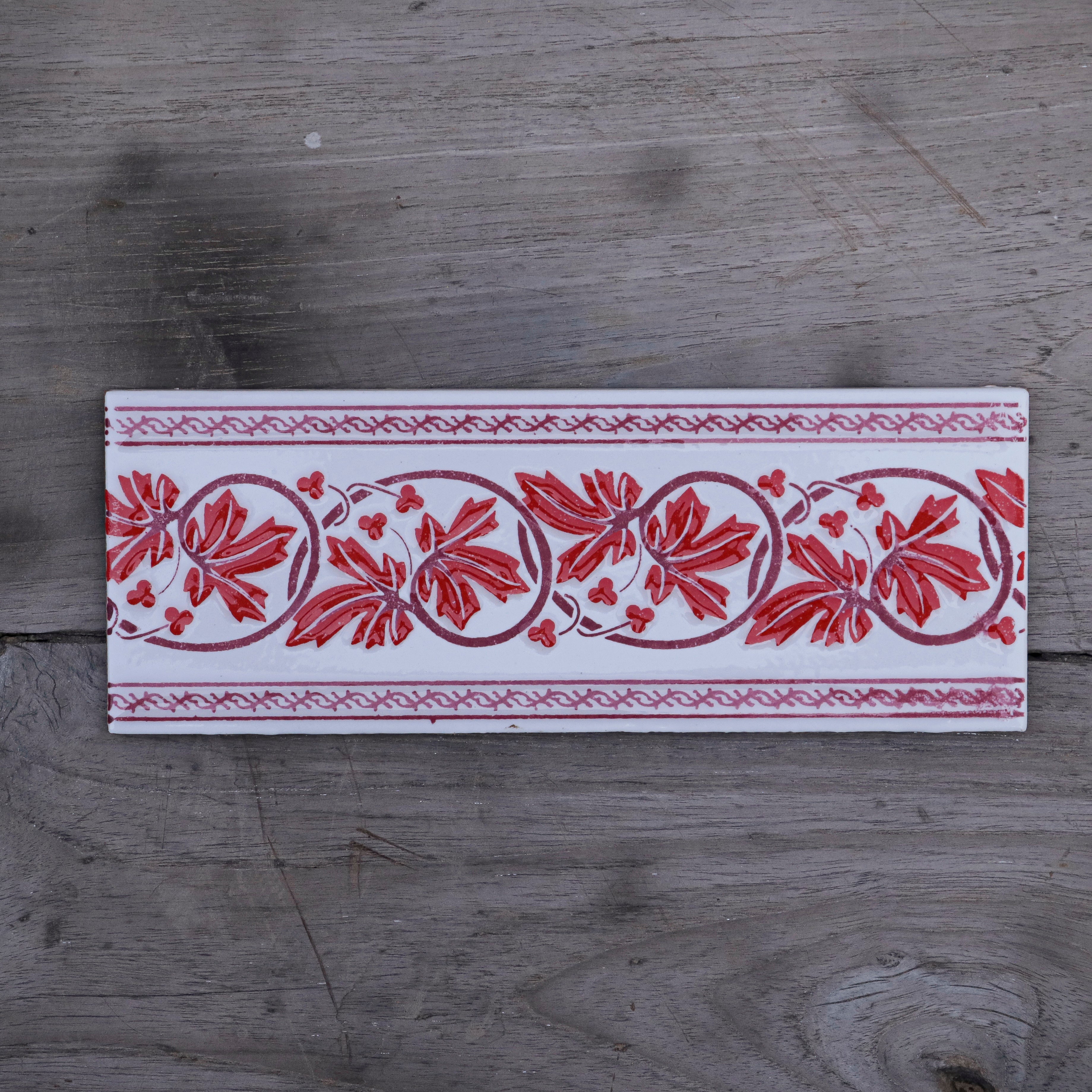 Red Cherry Leaf Designed with Red Strip Border Ceramic Tile Tile