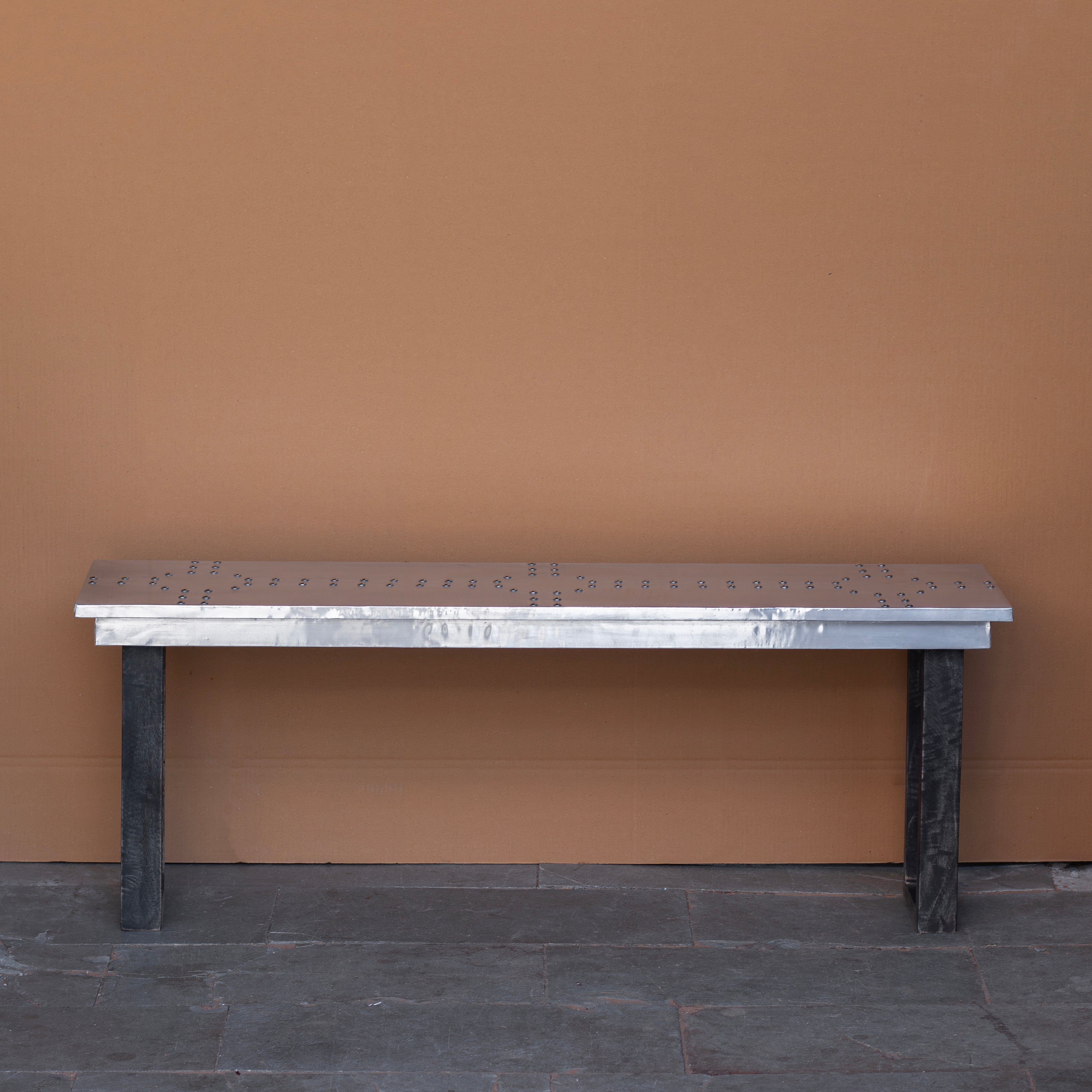 Industrial Metal Top Console Table with Solid Wood Legs Console Table