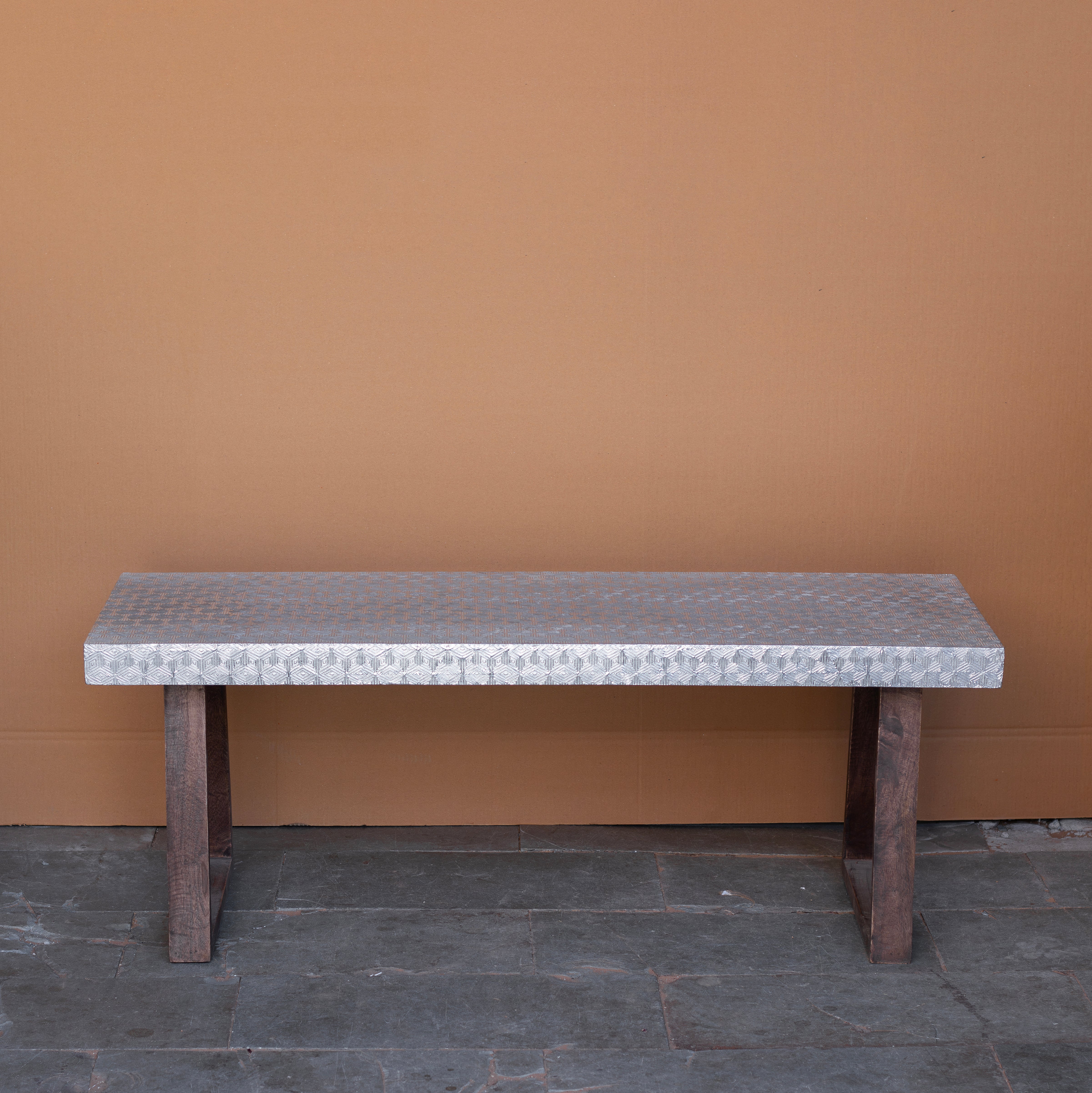 Handcrafted Metal Inlay Dining Table - Geometric Pattern with Trestle Base Dining Table