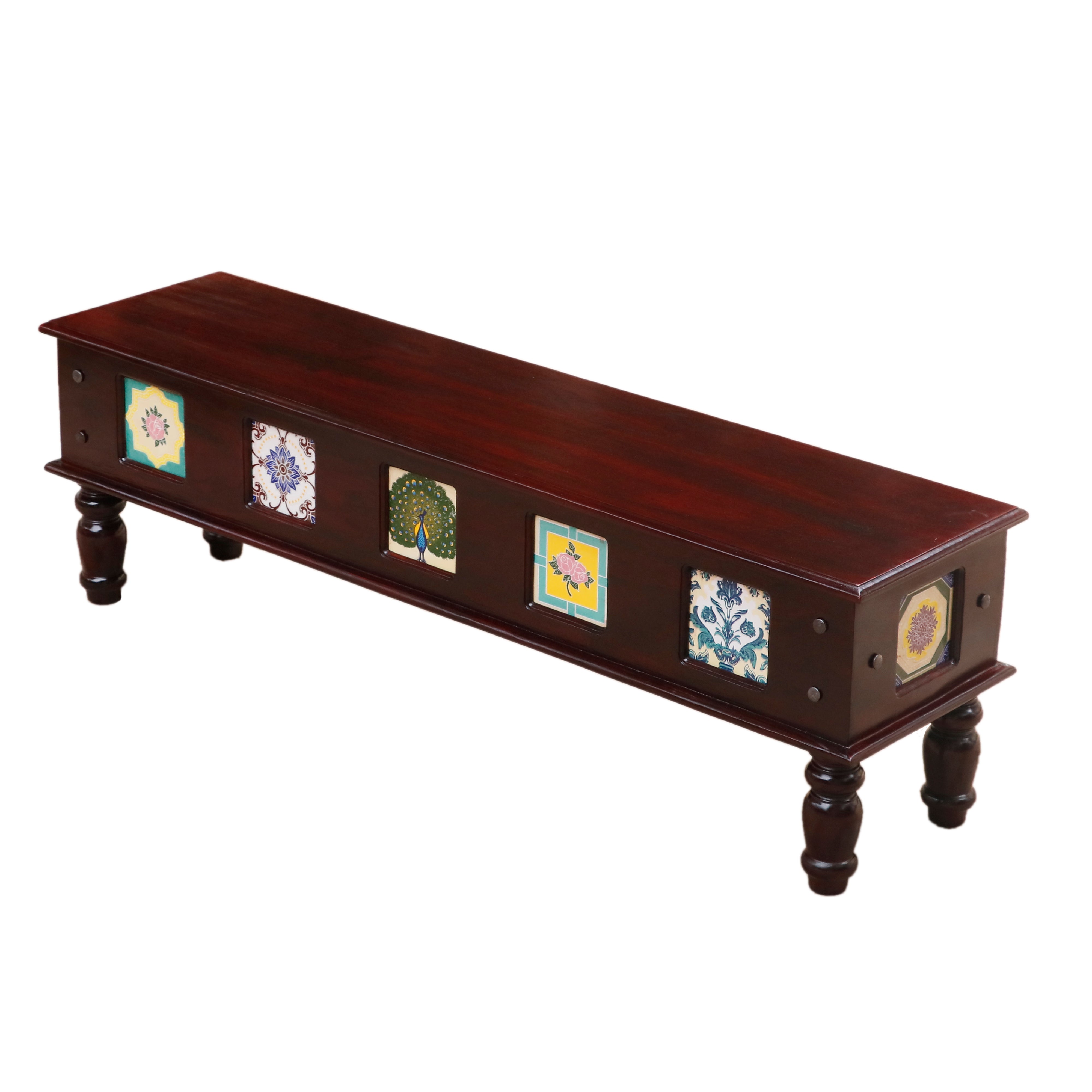 Aesthetic Round Leg Vintage Long Wooden Table with Tiles Bench