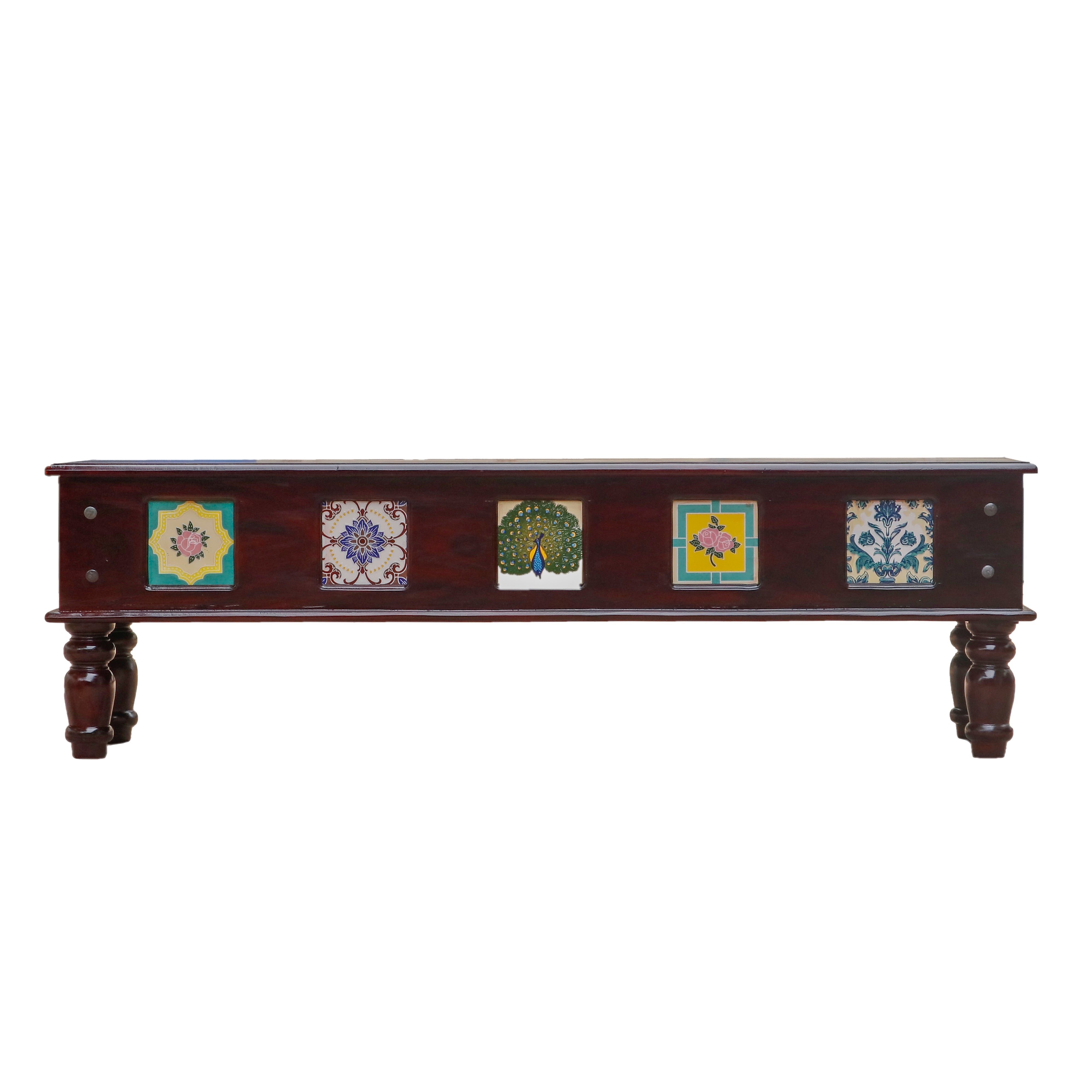 Aesthetic Round Leg Vintage Long Wooden Table with Tiles Bench