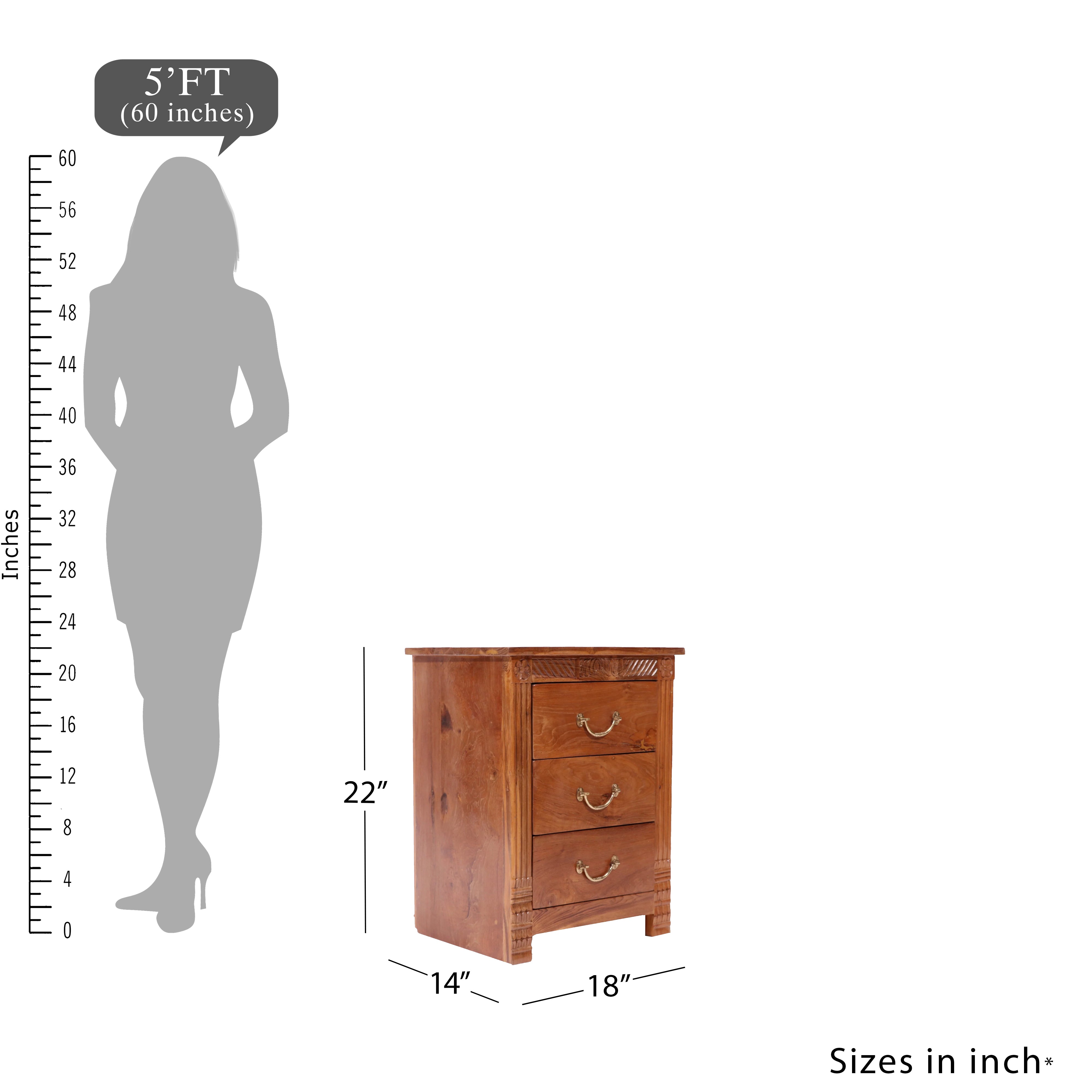 Folk concept Carved teak wood 3 drawer bedside Bedside