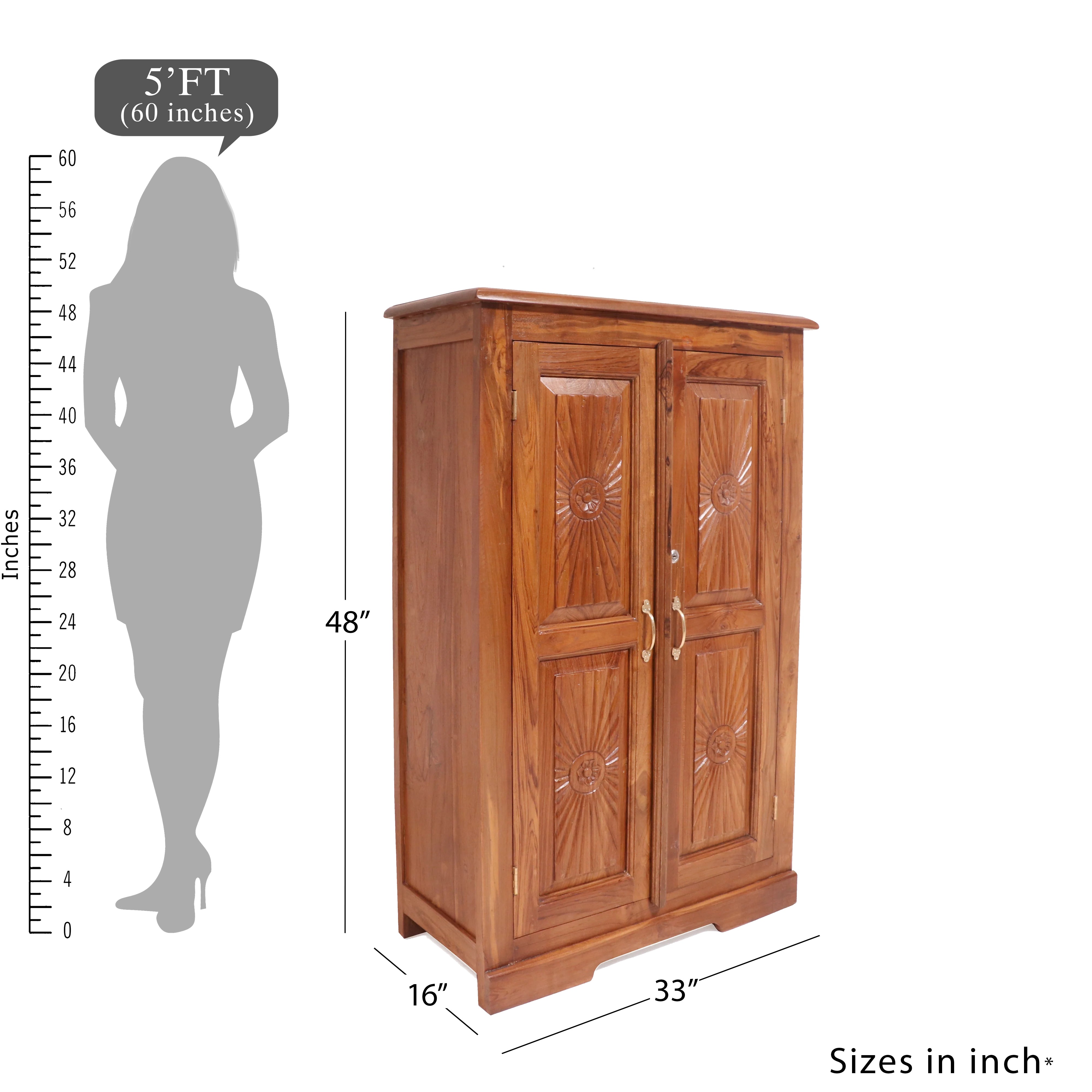Solid beautifully carved natural tone polished Wardrobe cabinet Wardrobe