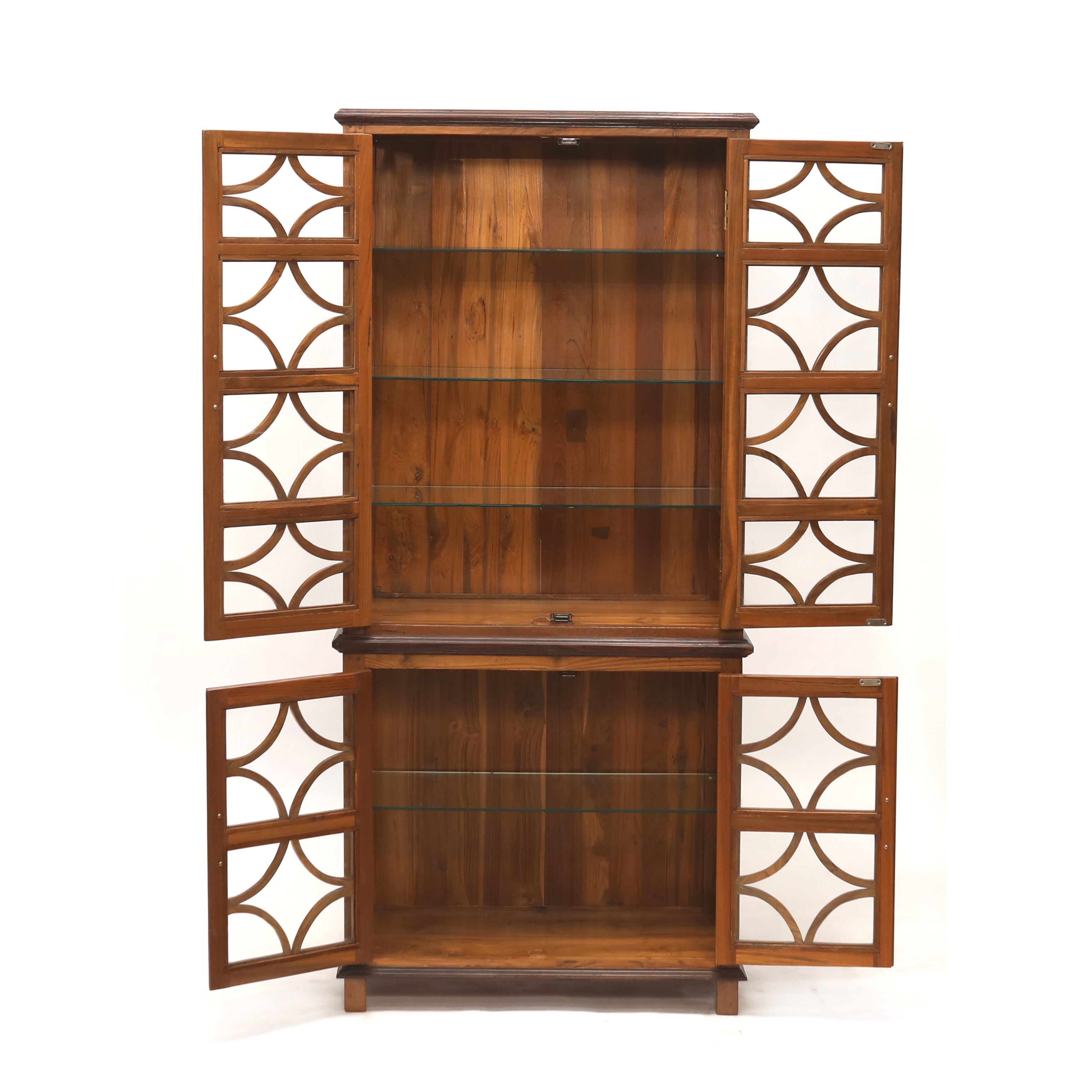 2-Part and 4-Shelf Designer Teak Glass Doors Cabinet Showcase