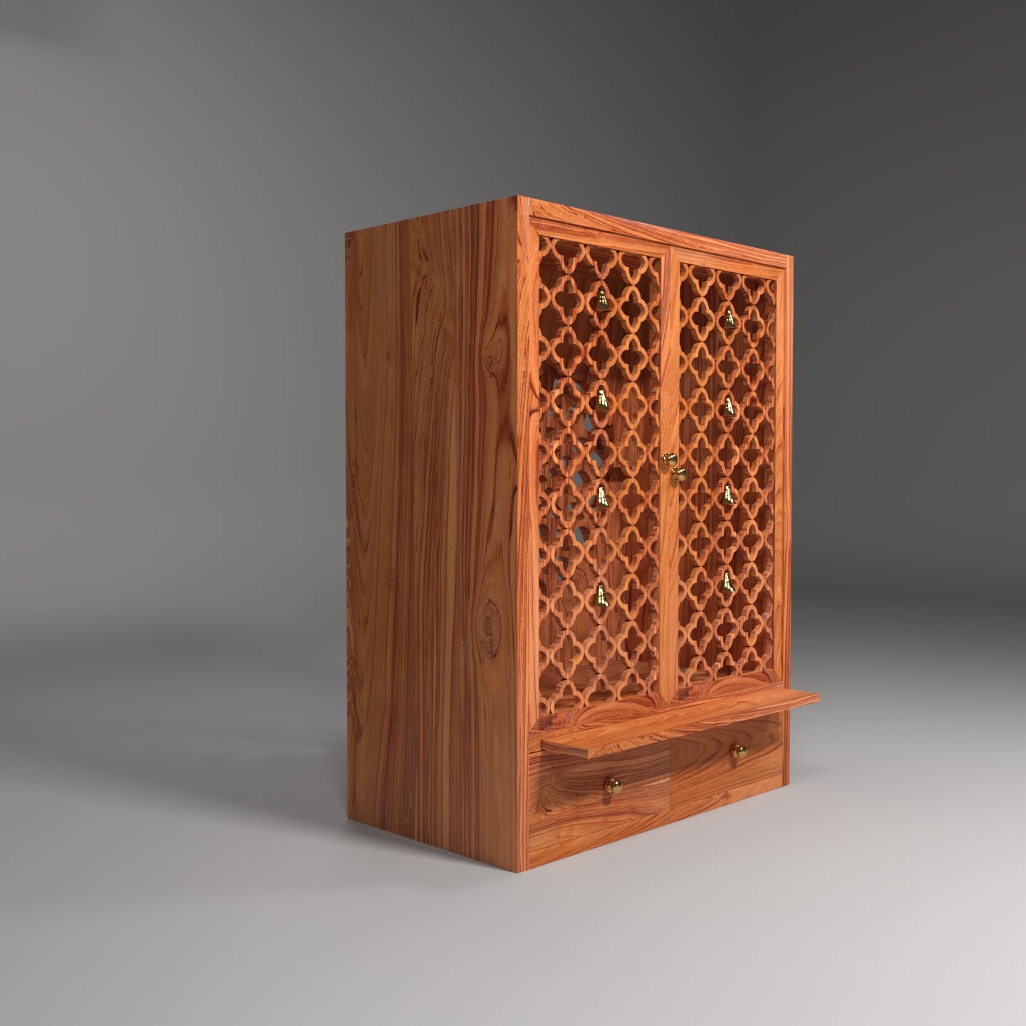 Jali 2 Door Floral Design Teak Wood Natural finish with backside om sign Temple